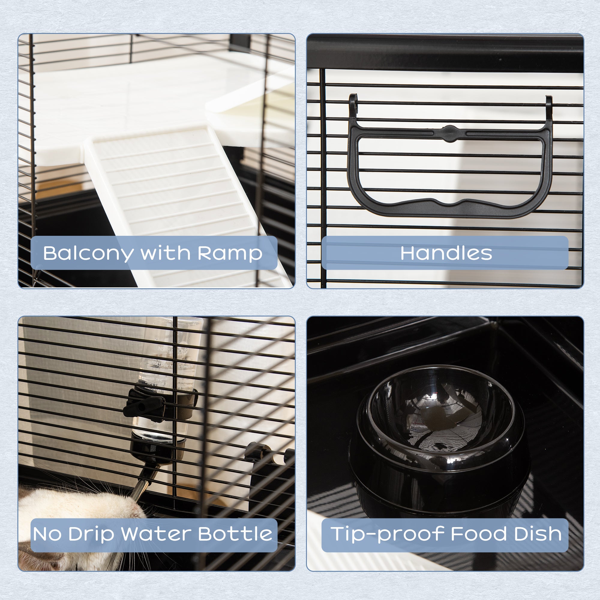 Cage à hamsters à 3 niveaux, cage pour cochons d’Inde, maison de jeu intérieure pour chinchillas avec accessoires : gamelle, biberon, rampes, 31.5"x19"x 23", noire
