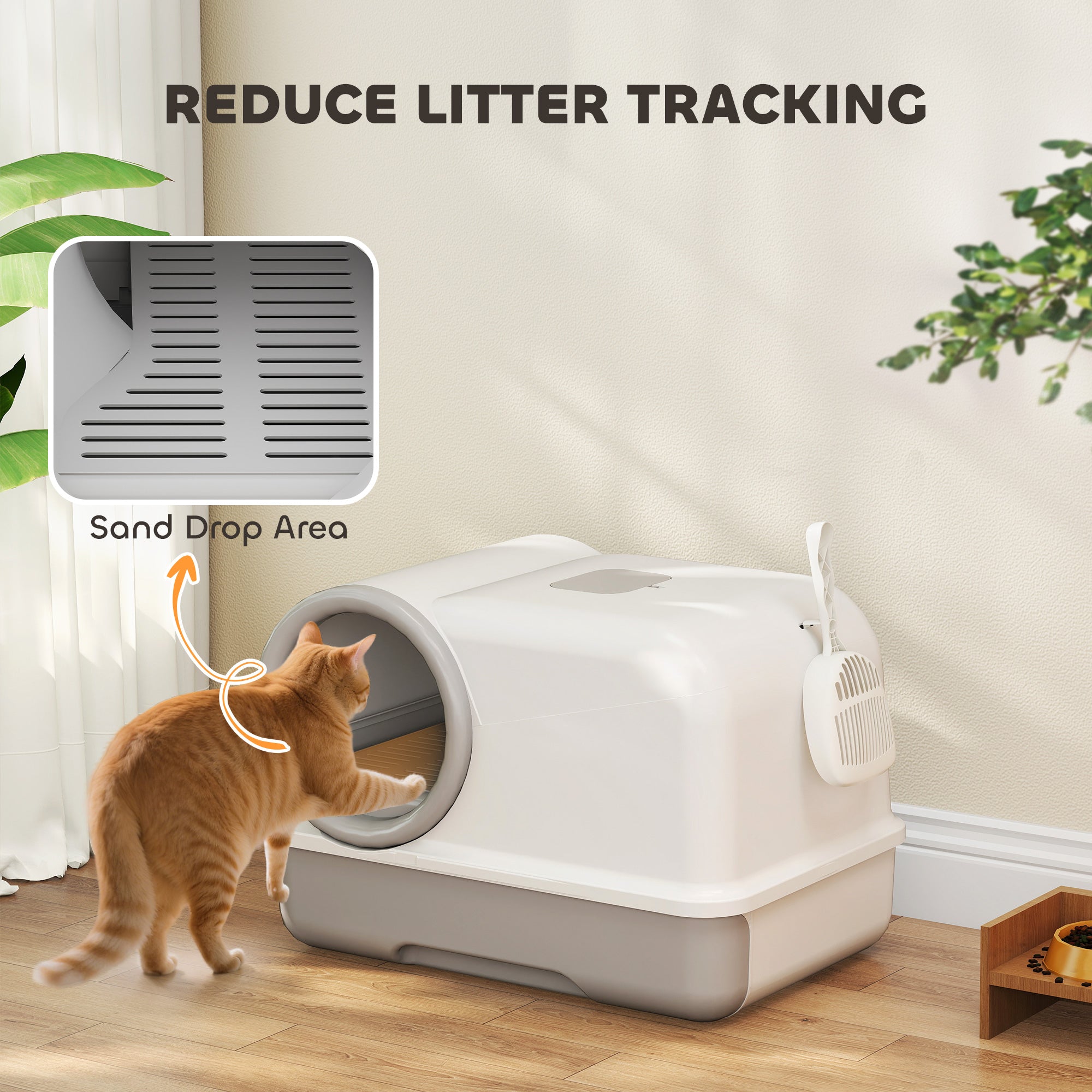 Cat Litter Box Easy Clean Drawer Odor Control Hooded Cat Litter Tray with Scoop White and Grey