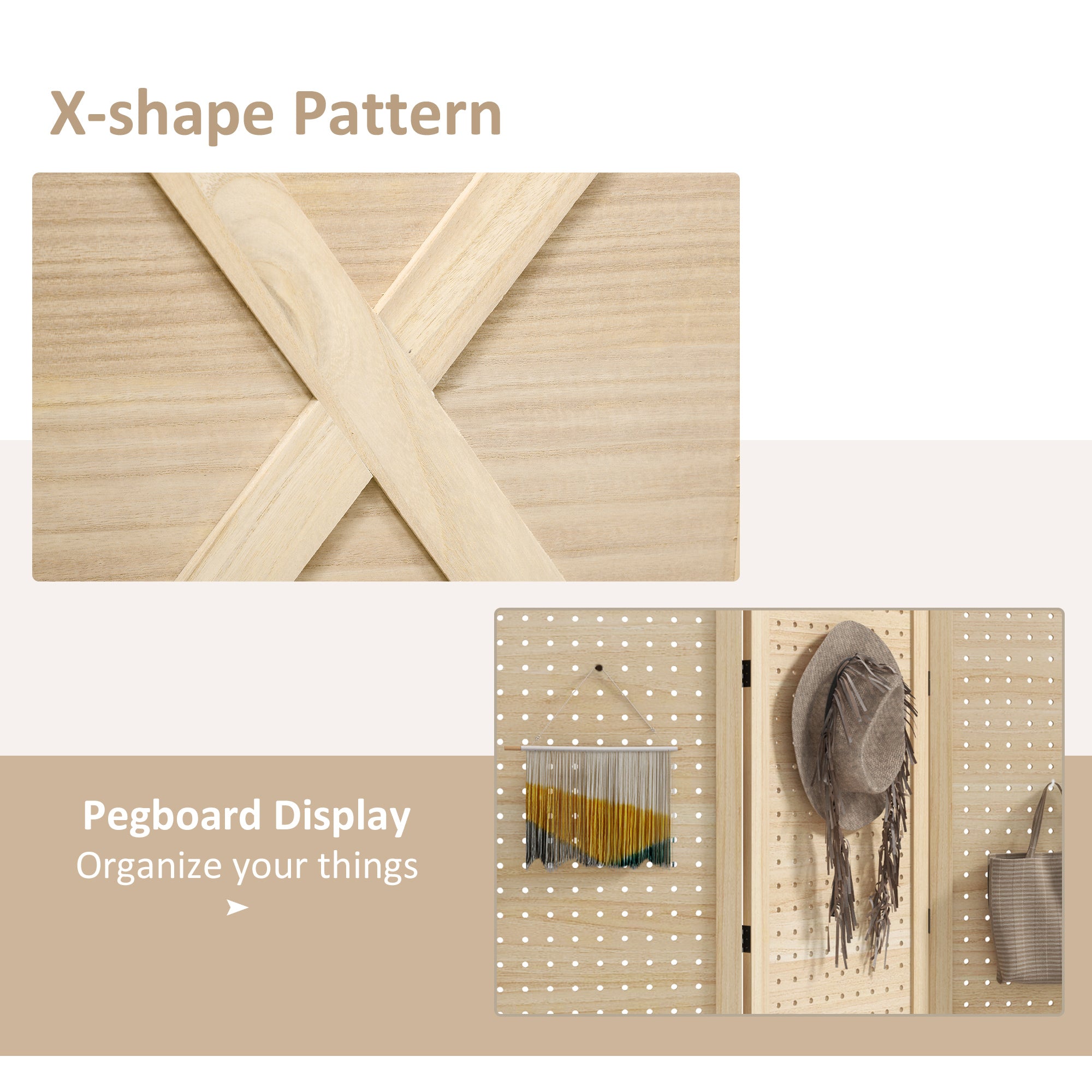 4.7' 3 Panel Wooden Room Divider with Pegboard Display, Folding Privacy Screen for Home Office, Natural