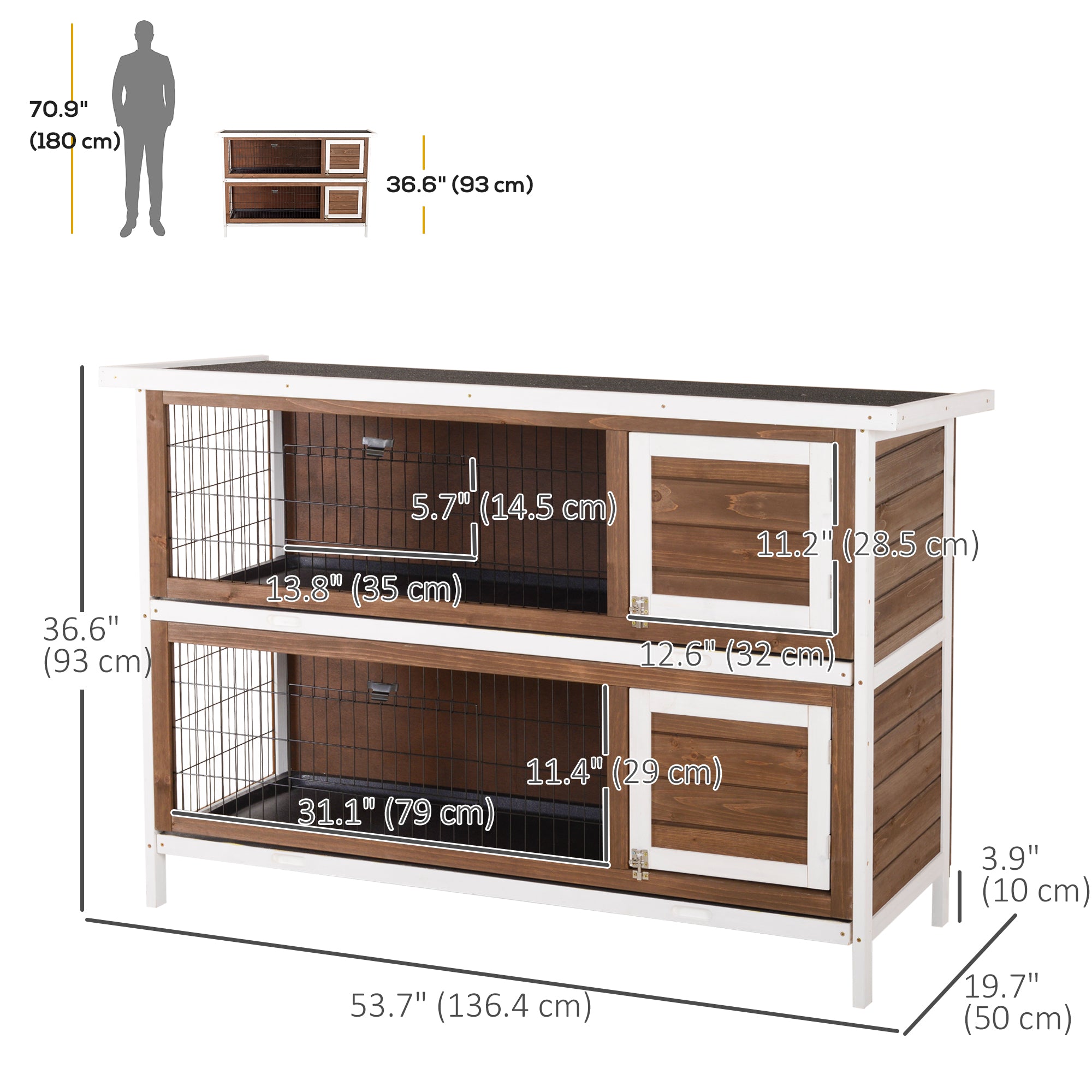 2 Tier Wooden Rabbit Hutch Bunny Pet House Wooden Coop Run, Brown