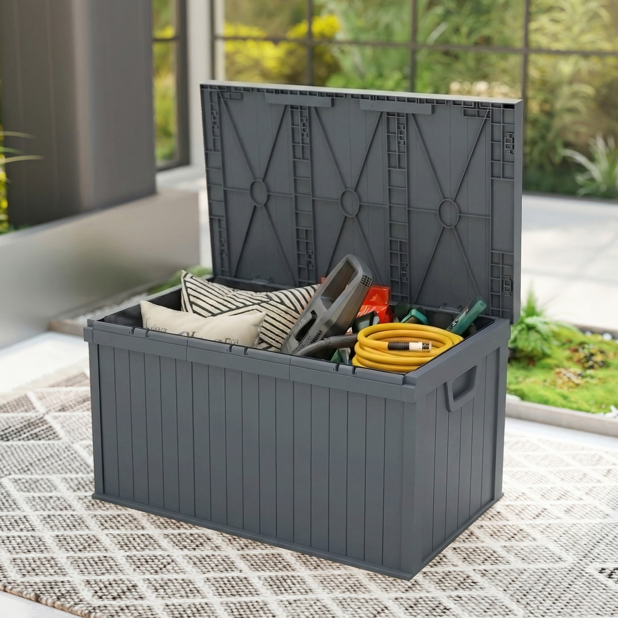70 Gallon Outdoor Deck Box - Waterproof Dark Grey Resin