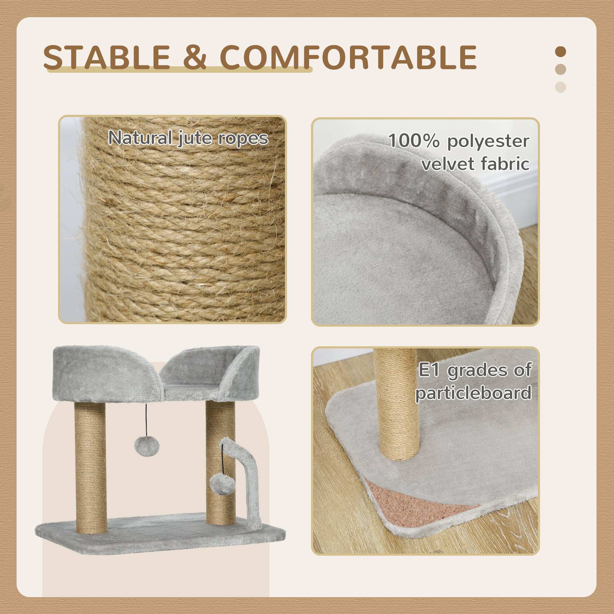 Cat Tower Condo for Indoor Cats, Small Cat Tree with Jute Scratching Posts, Top Perch, Dangling Balls, Light Grey