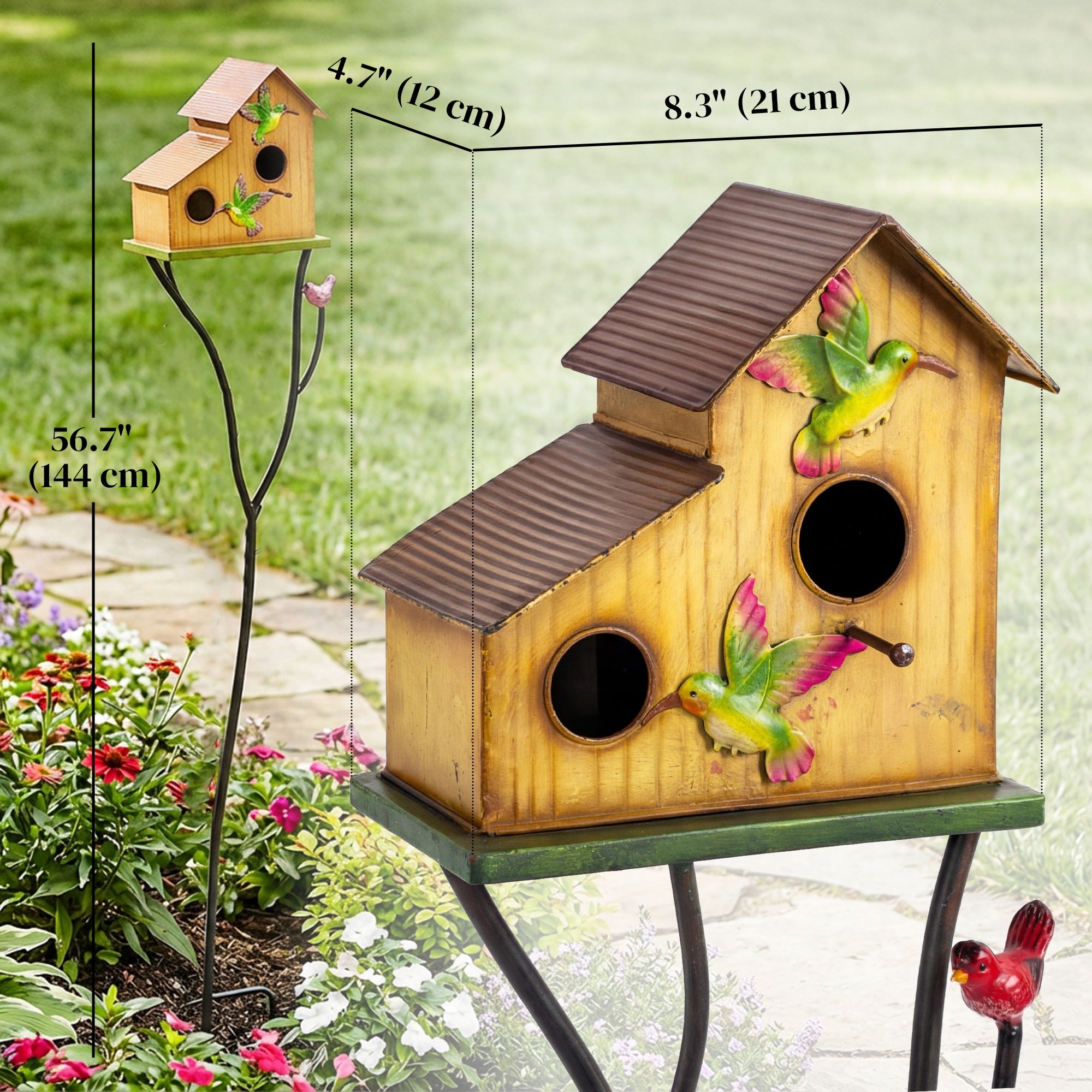 57" Outdoor Bird House with Pole, Metal Bird Houses for Outside, Double-Hole Birdhouse Outdoor Decoration, Yellow