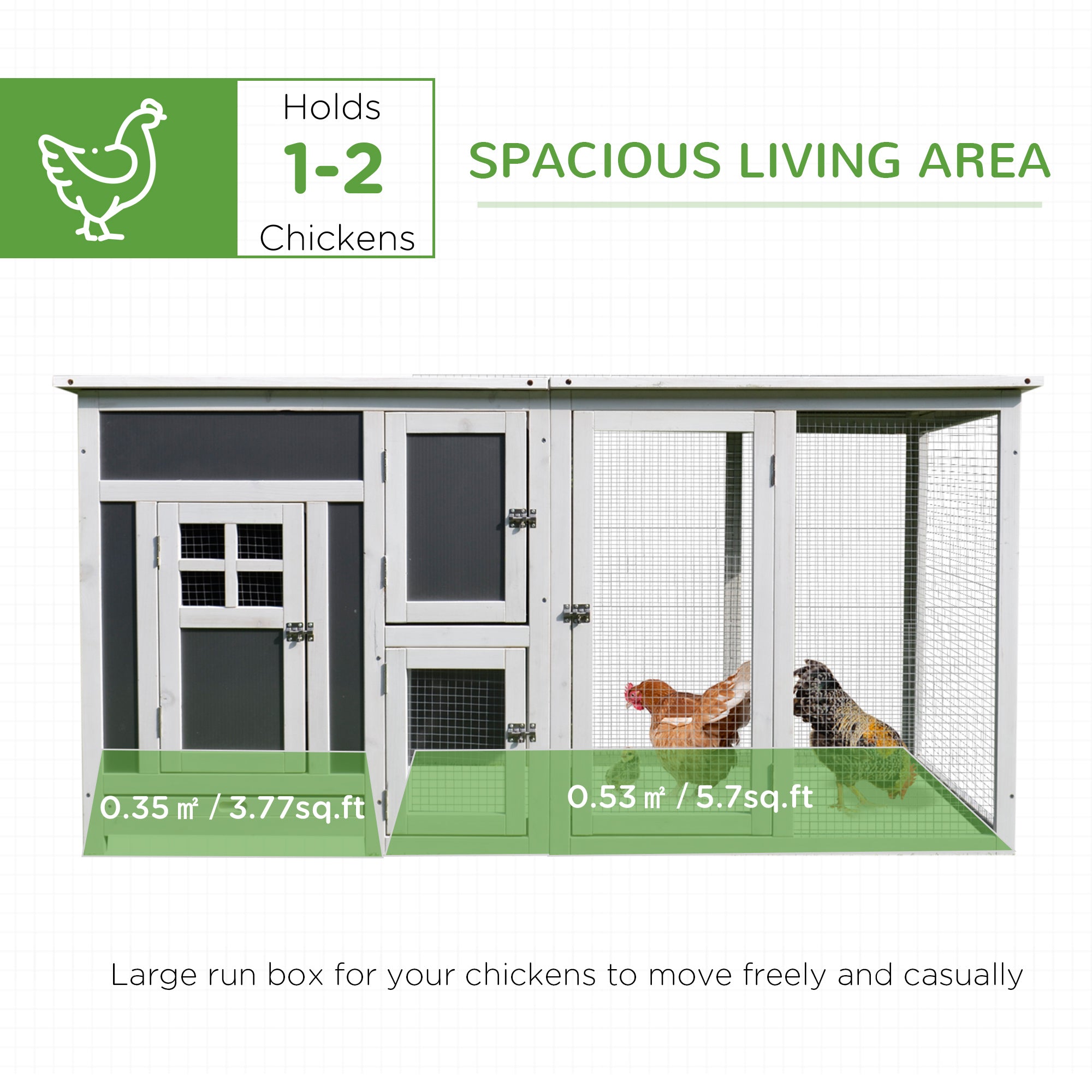 Poulailler en bois de 63" avec pondoir et enclos, cage pour poules, clapier pour lapins et petits animaux, usage extérieur dans le jardin, toit en PC gris