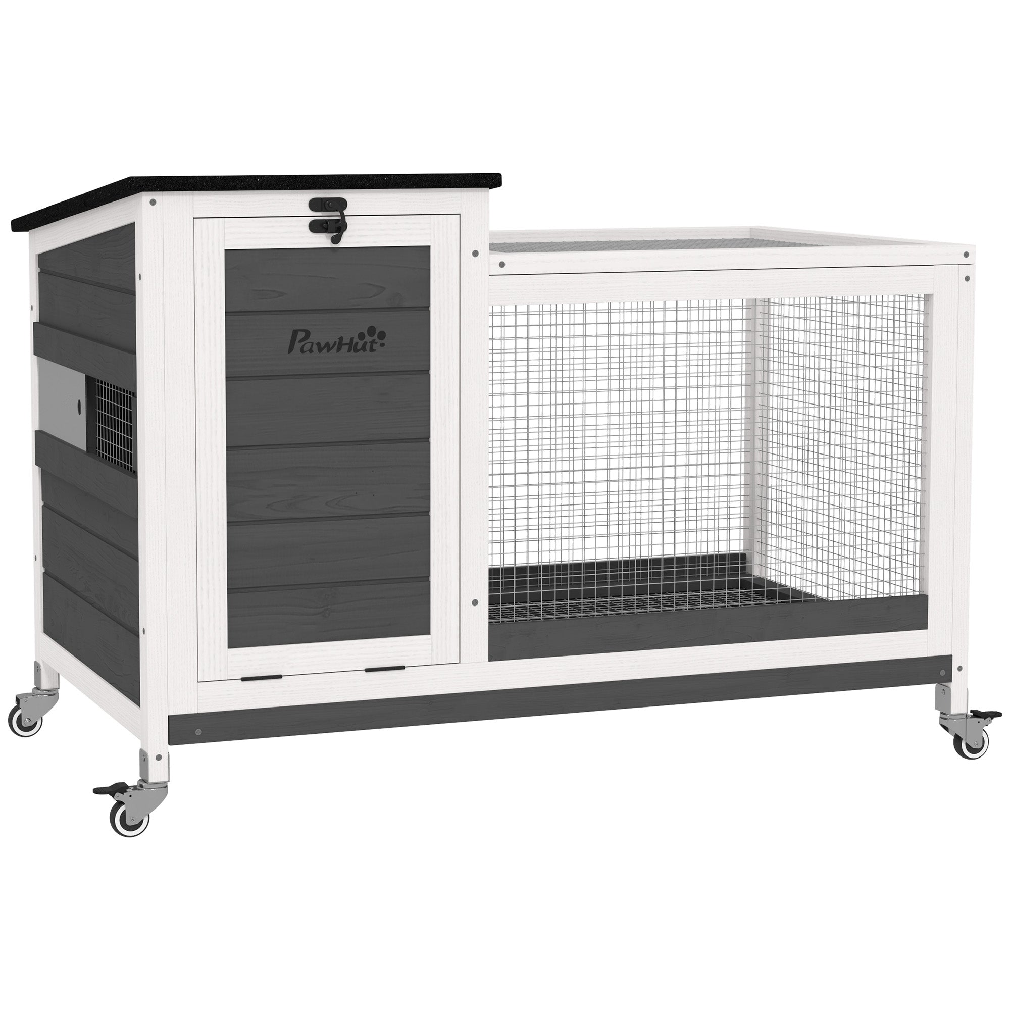 Wooden Rabbit Hutch with Pull-Out Tray, Asphalt Openable Roof, Small Animal Cage on Wheels with Run, Grey