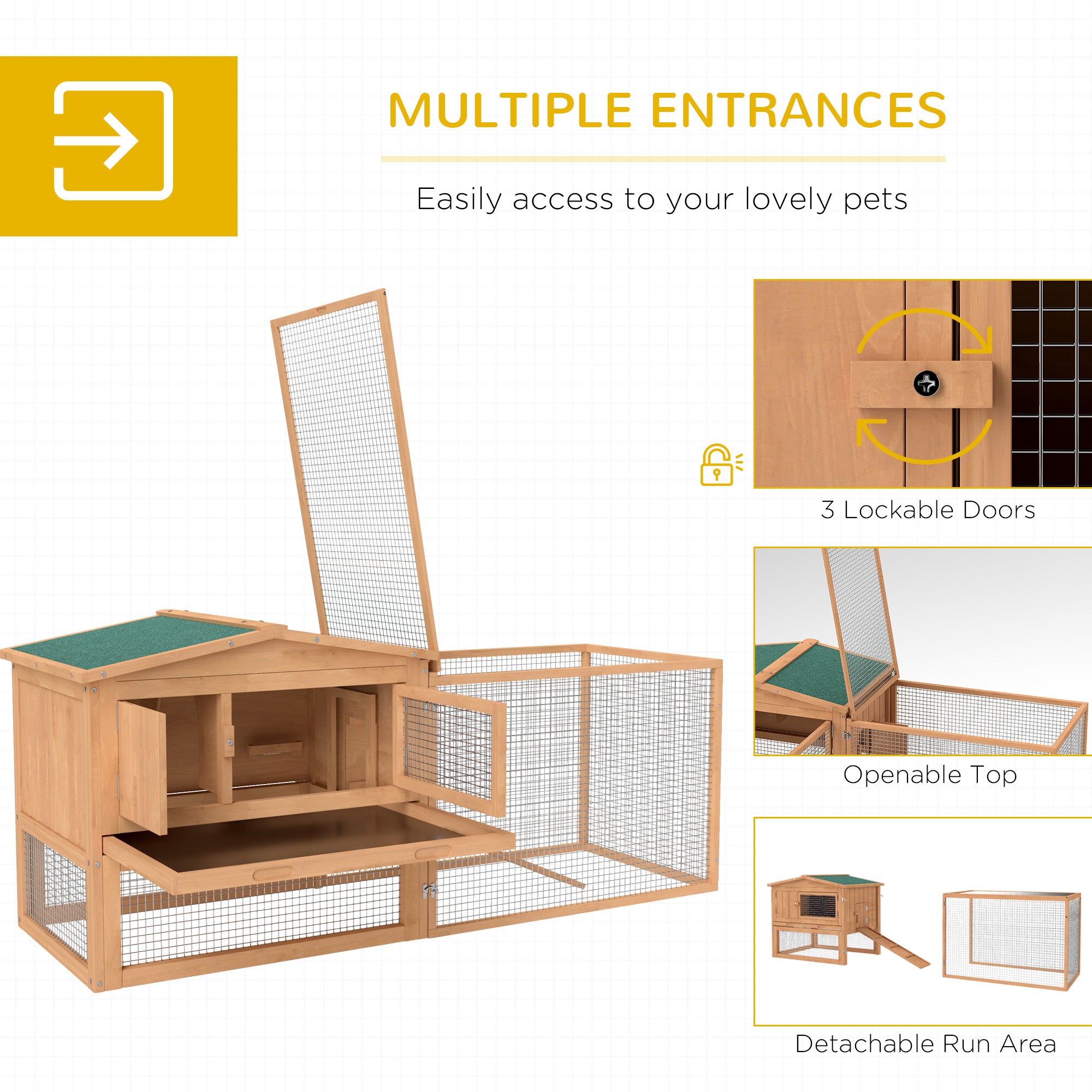 Clapier à lapins à 2 niveaux de 62'' L, cage et maison pour petits animaux avec bac amovible, enclos détachable et rampe, pour intérieur et extérieur, naturel