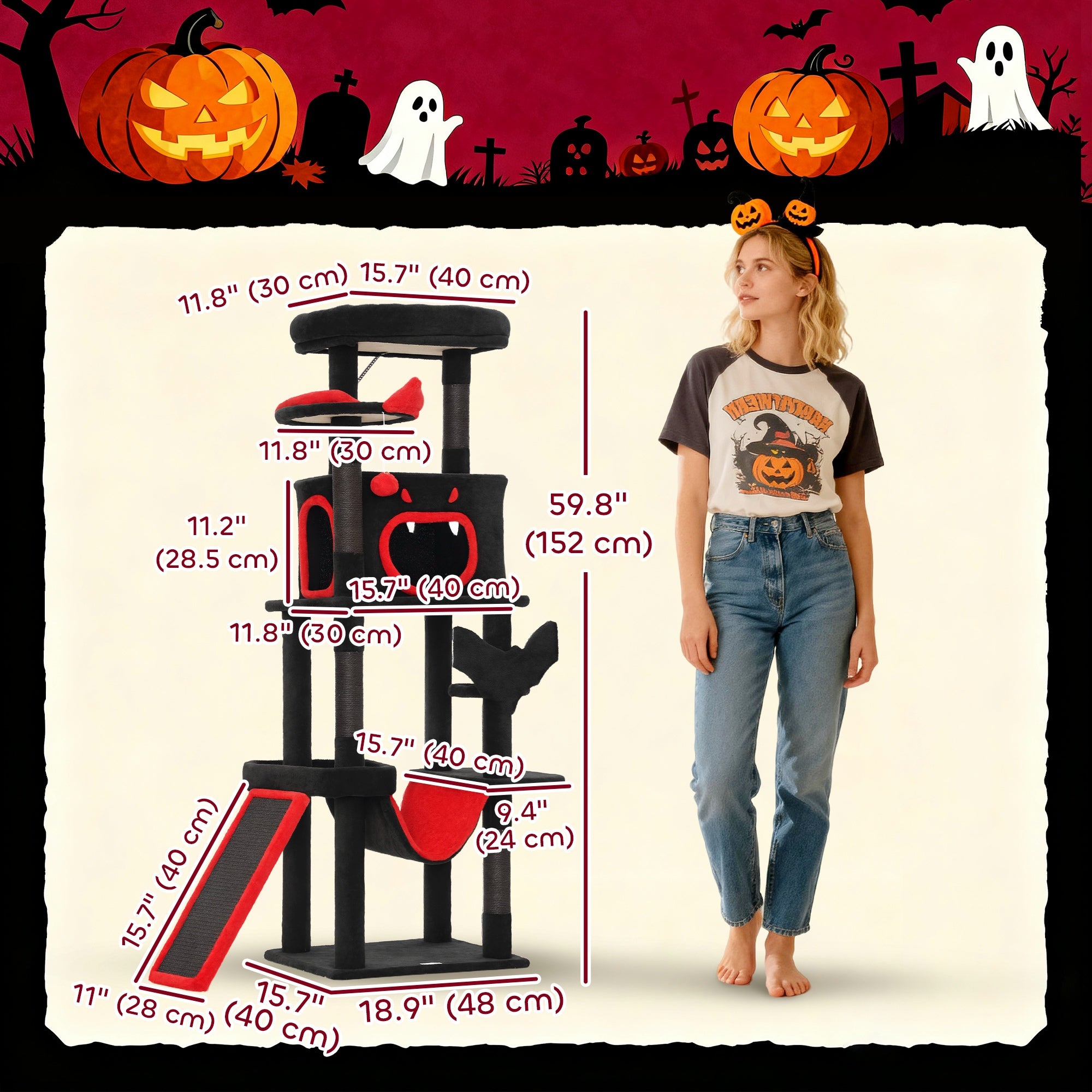Gothic Cat Tree, 60" Tall Cat Tower with Coffin Bed,  Sisal Scratching Posts & Ramp, Condo, Hammock, Perches, Black