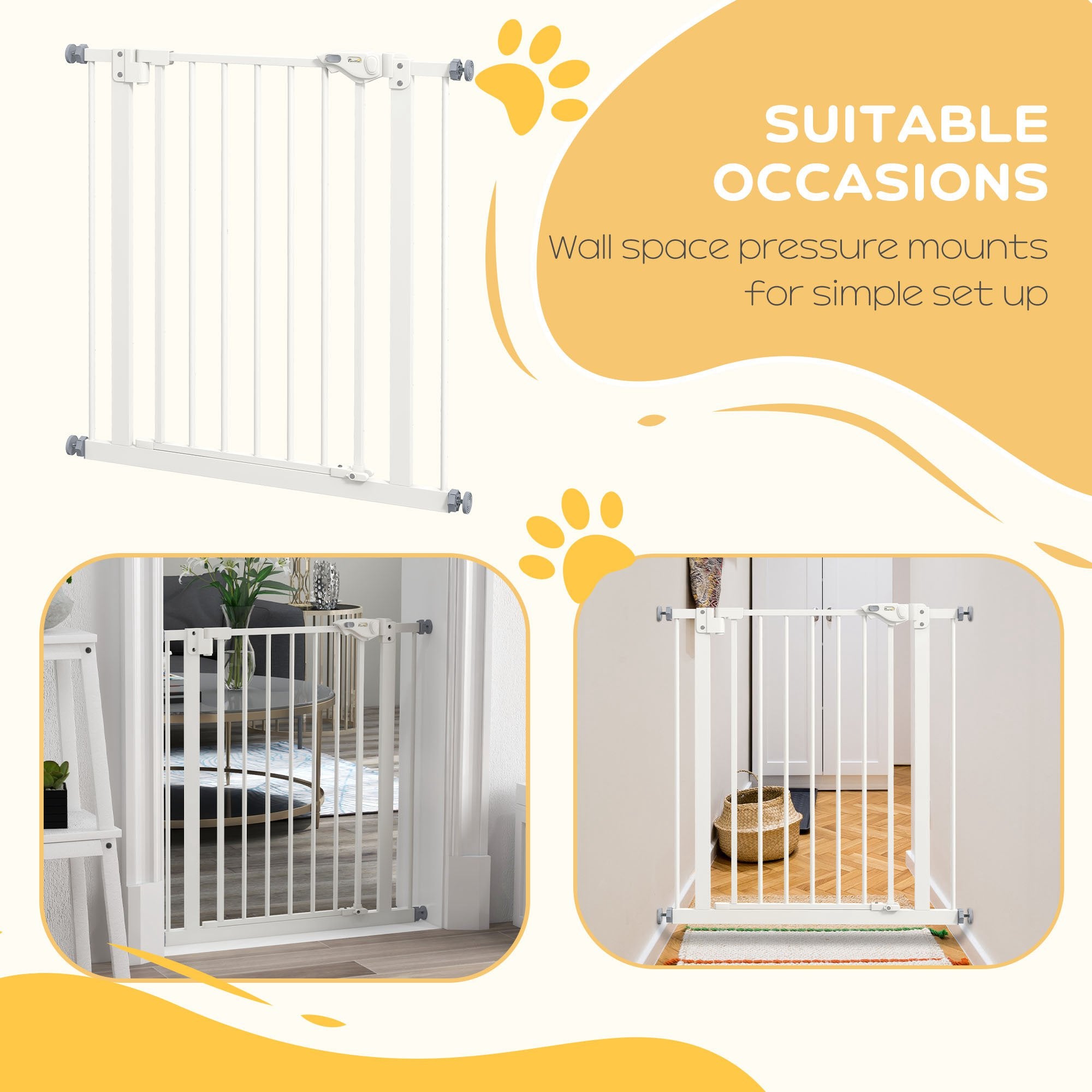 30 Inch Tall Pet Gate with Door Dog Gate and Barrier Indoor for Stairs, Pressure-Mounted Safety Gate, White