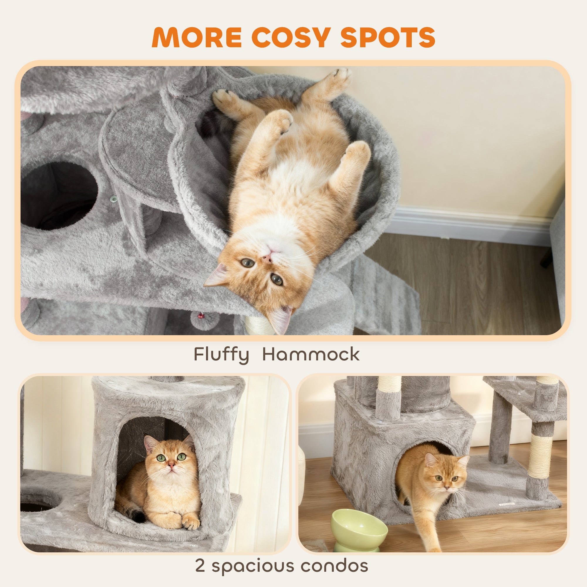 67" Large Cat Tree with 7 Scratching Posts, Tunnel, 2 Condos, Hammock, Perch, Ramp, Pompoms, Light Grey