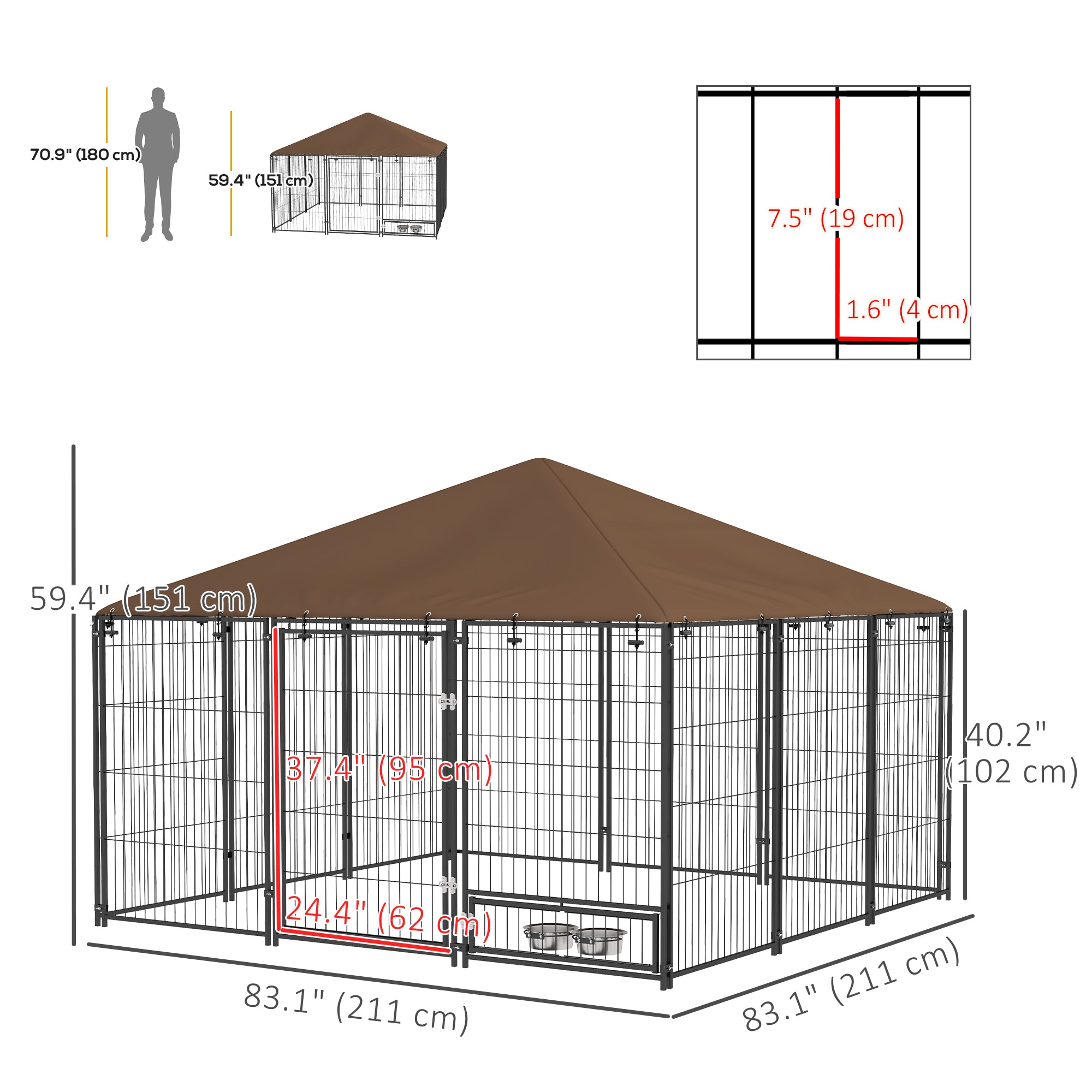 Chenil extérieur pour chien de 6.9' x 6.9' x 5' avec auvent, écuelles rotatives, café