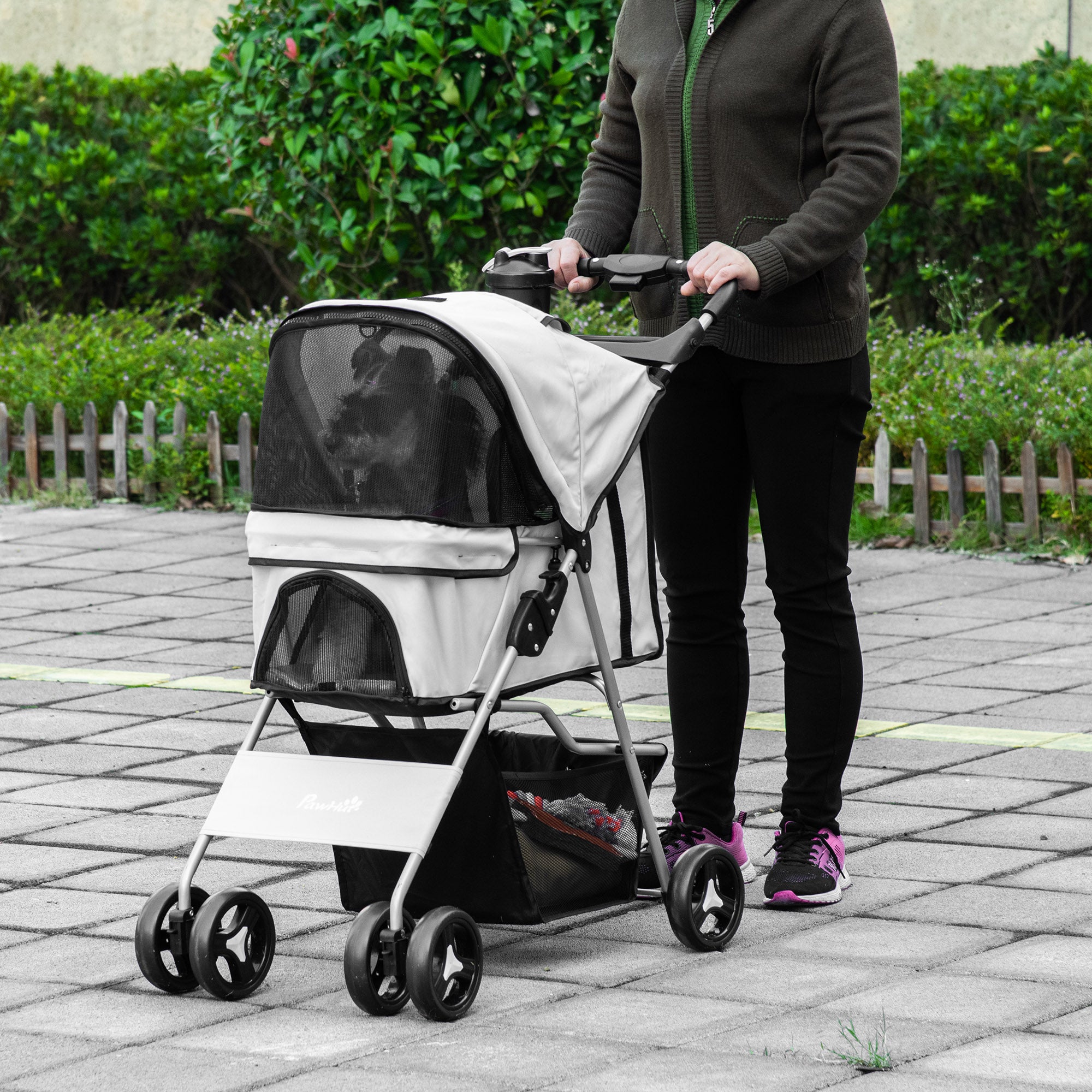 Cat Dog Stroller, One-click Foldable Pet Stroller w/Cup Holder, 4 Wheels Travel Carrier w/Brakes, 360° Swiveling Front Wheels, Storage Basket, for XS/Small Dogs Cats, Grey