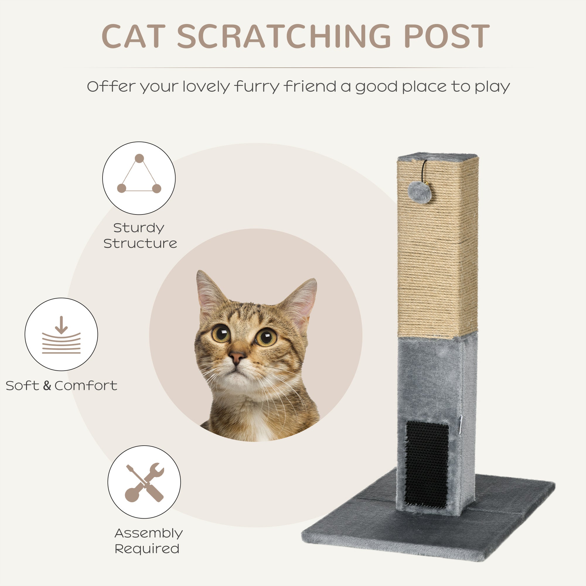 31" Tall Cat Scratching Post for Indoor Cats with Hanging Balls, Grooming Brushes, Stable Base, Grey