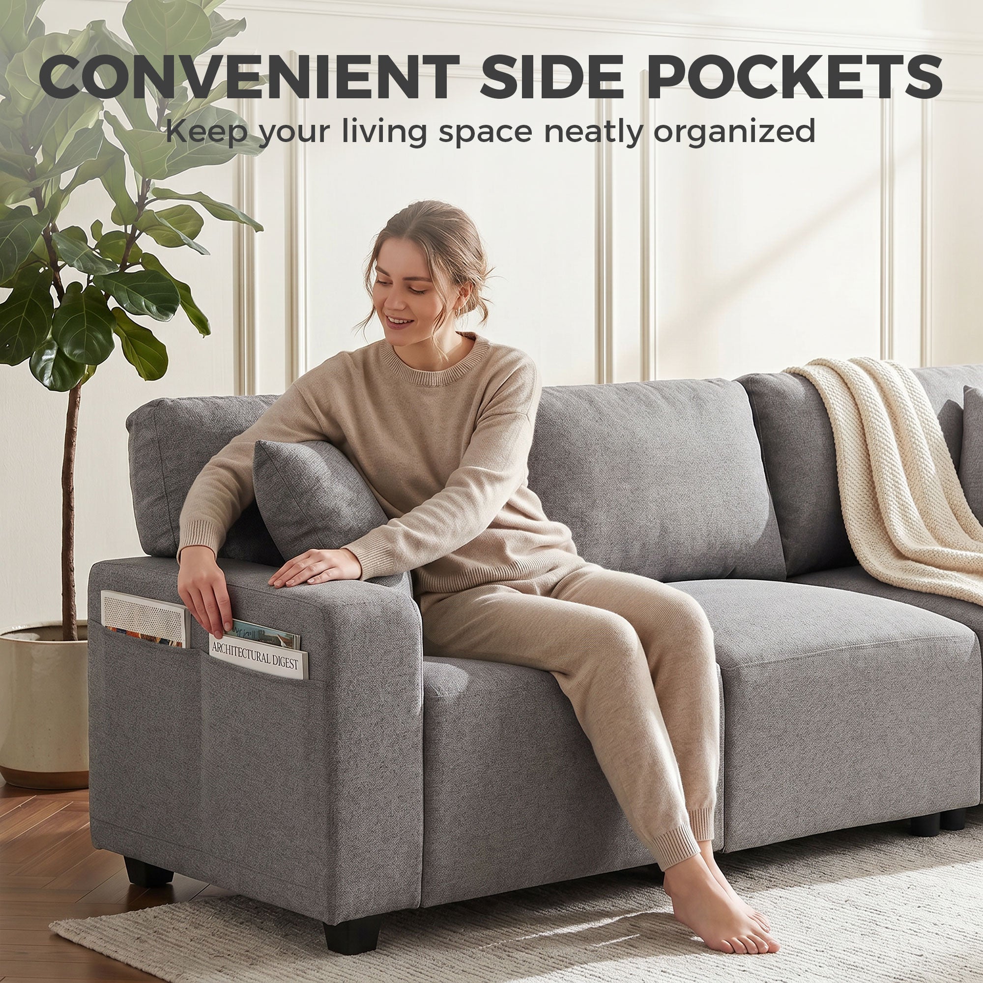 3 Seater Sofa with Storage Pockets, Modern Upholstered Couch with Pocket Springs, Grey-Home Furnishings > Living Room Furniture > Sofas & Reclining Chairs > 3-Seater Sofas-DECOROLALA