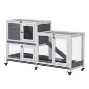 Clapier en bois surélevé, maison pour animaux, cage pour lapin et petits animaux, avec bac coulissant, porte verrouillable et toit ouvrant, pour intérieur, 58" x 18" x 35", gris