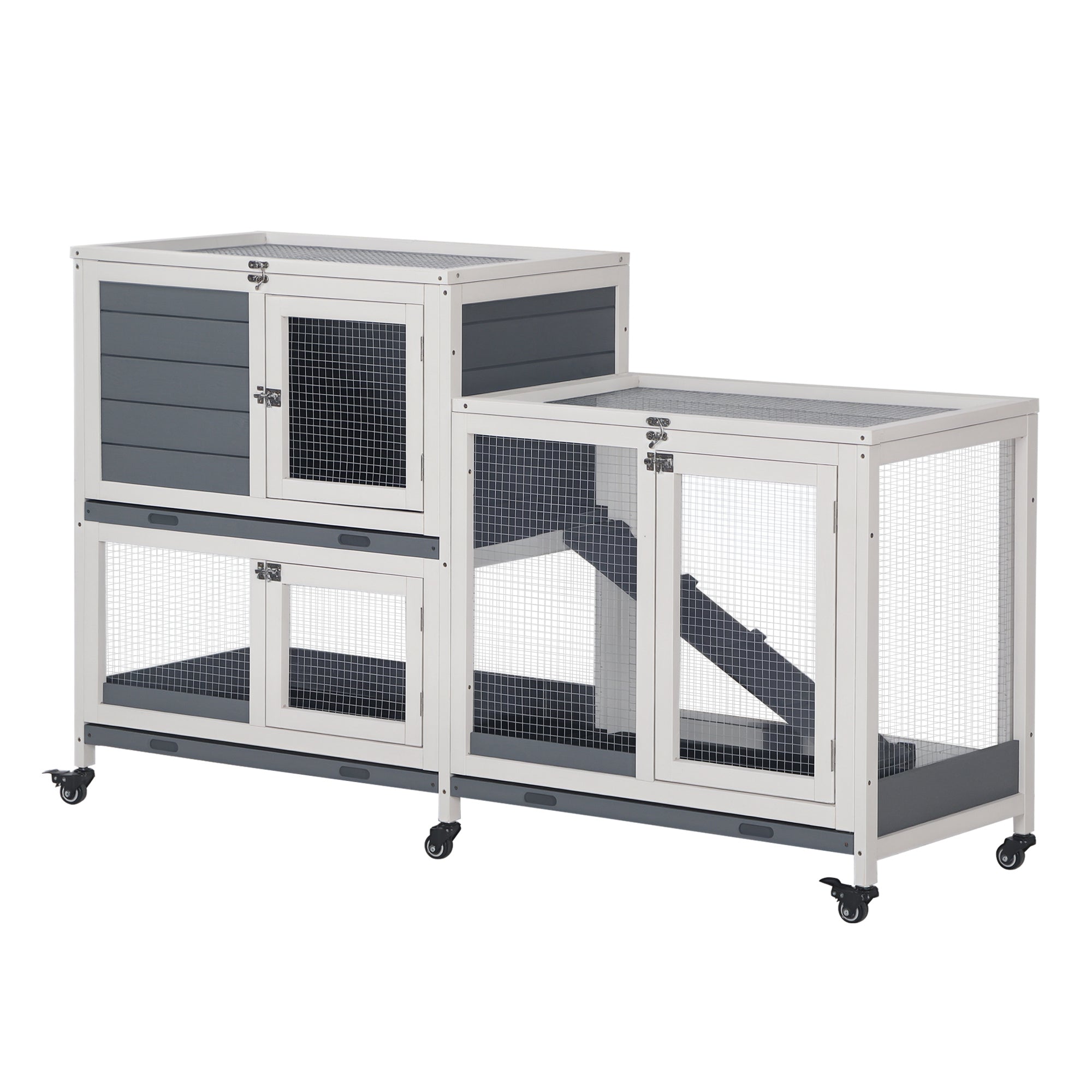 Clapier en bois surélevé, maison pour animaux, cage pour lapin et petits animaux, avec bac coulissant, porte verrouillable et toit ouvrant, pour intérieur, 58" x 18" x 35", gris