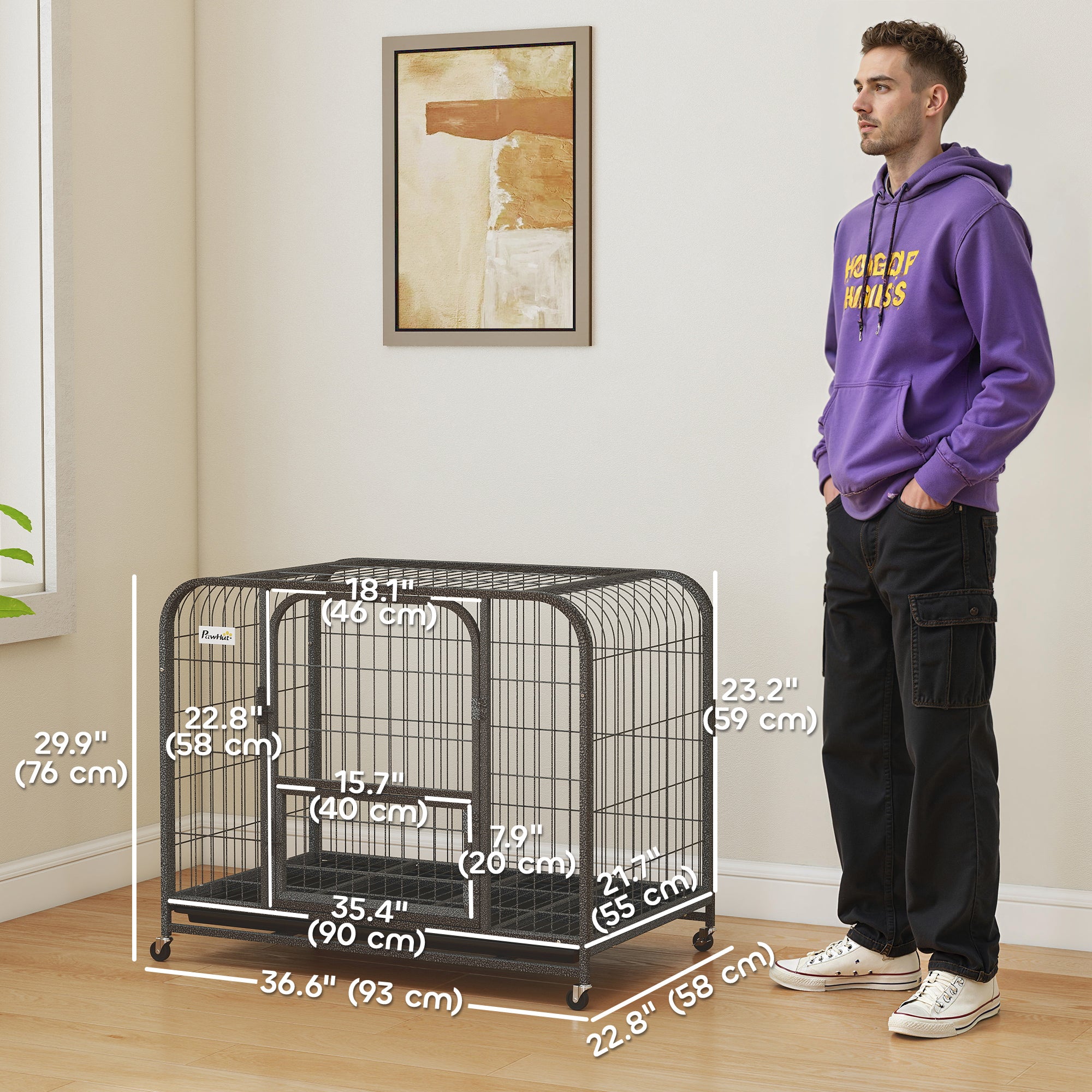 37 Inch Heavy Duty Dog Crate, Large Metal Dog Cage with Lockable Wheels and Removable Tray