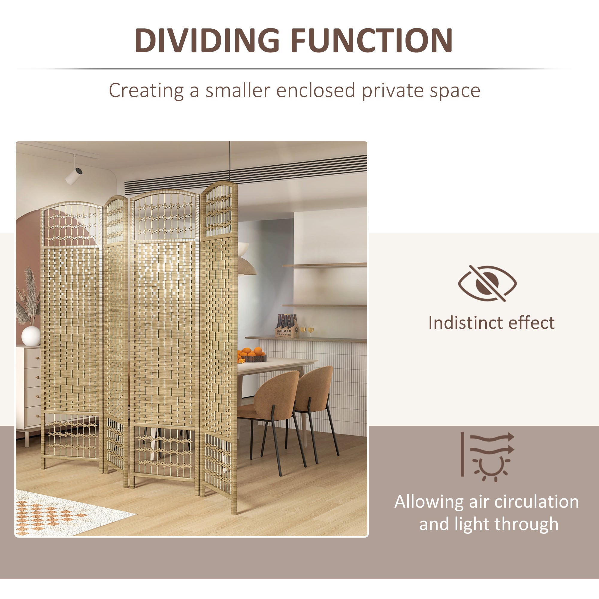 4 Panel Folding Room Divider, Portable Privacy Screen, Wave Fiber Room Partition for Home Office, Natural