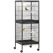 55.1" 2 In 1 Bird Cage Aviary Parakeet House for finches, budgies with Wheels, Slide-out Trays, Wood Perch, Food Containers, Black