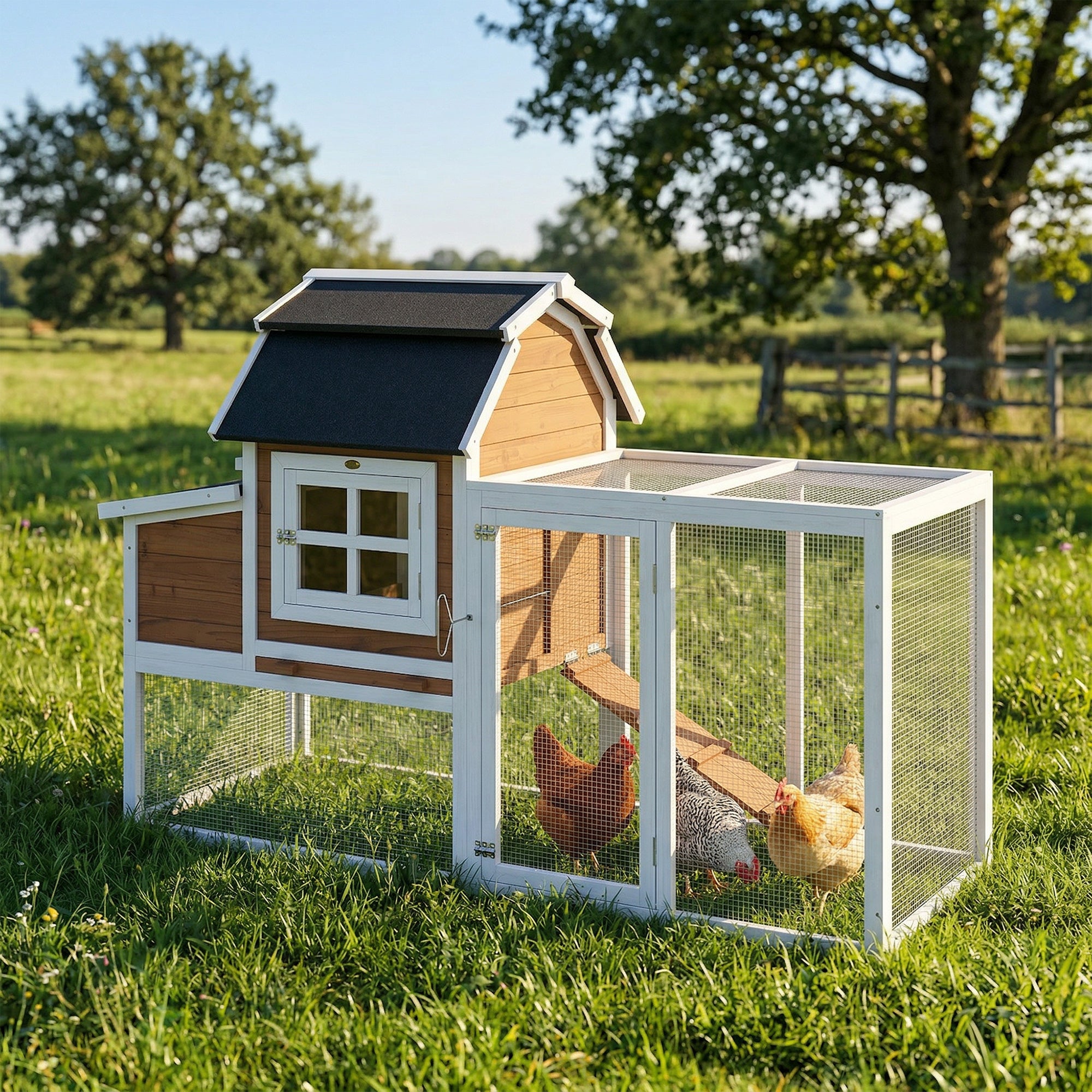 71" Chicken Coop for 3 Chickens, Wooden Hen House with Run, Removable Tray, Nesting Box, Waterproof Asphalt Roof