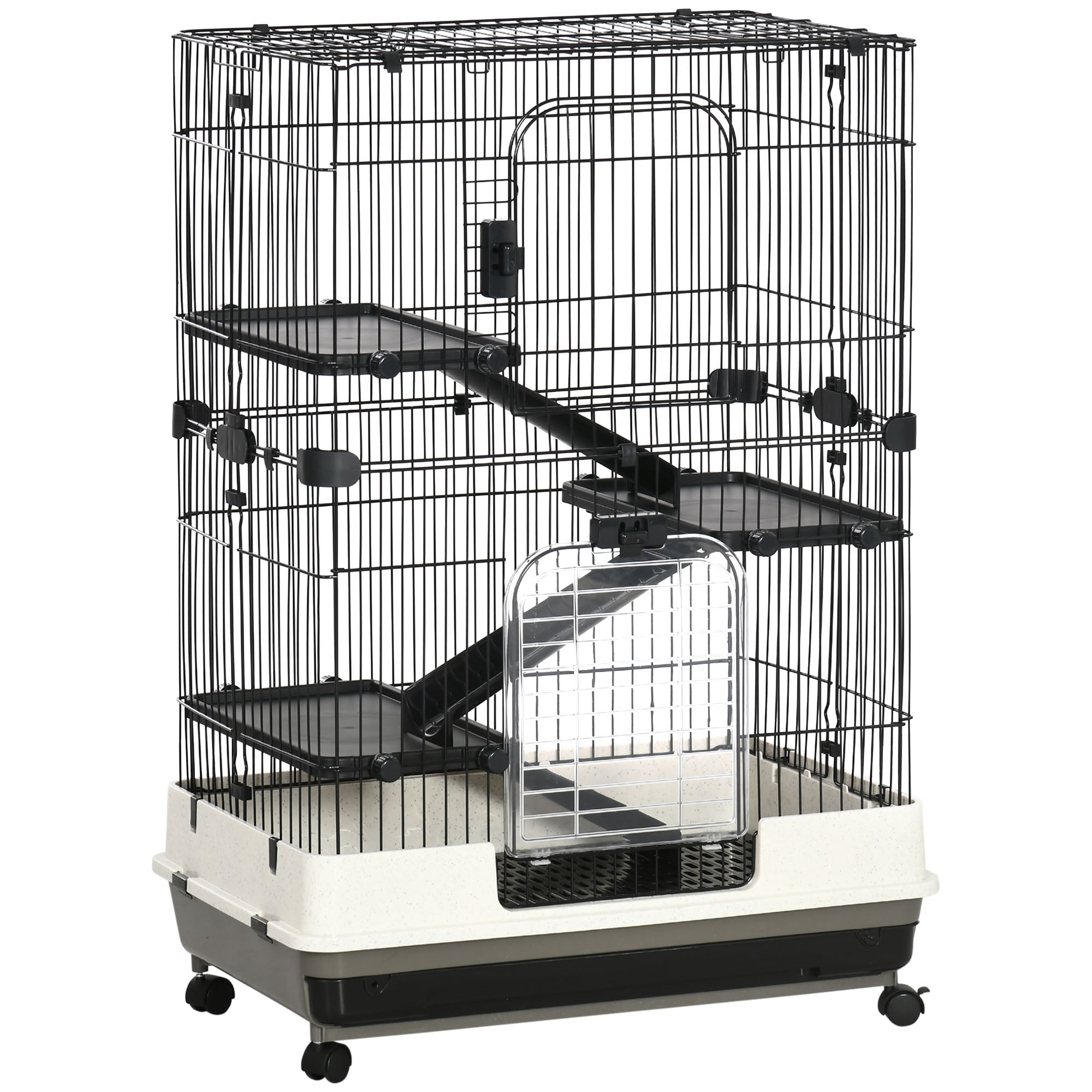 45"H Guinea Pig Cage, 4-Level Rabbit Cage for Ferret, Chinchilla, Hedghog, Bunny, Small Animal Habitat with Wheels, Slide-out Tray, Ramp, Black