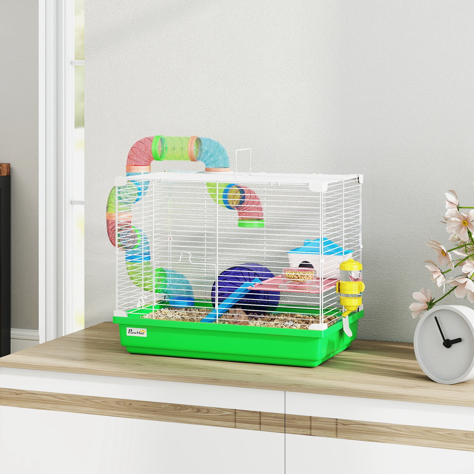 18"L Hamster Cage, Small Animal House, 2-Level Rat Gerbil Haven with Tunnel Tube System, Green