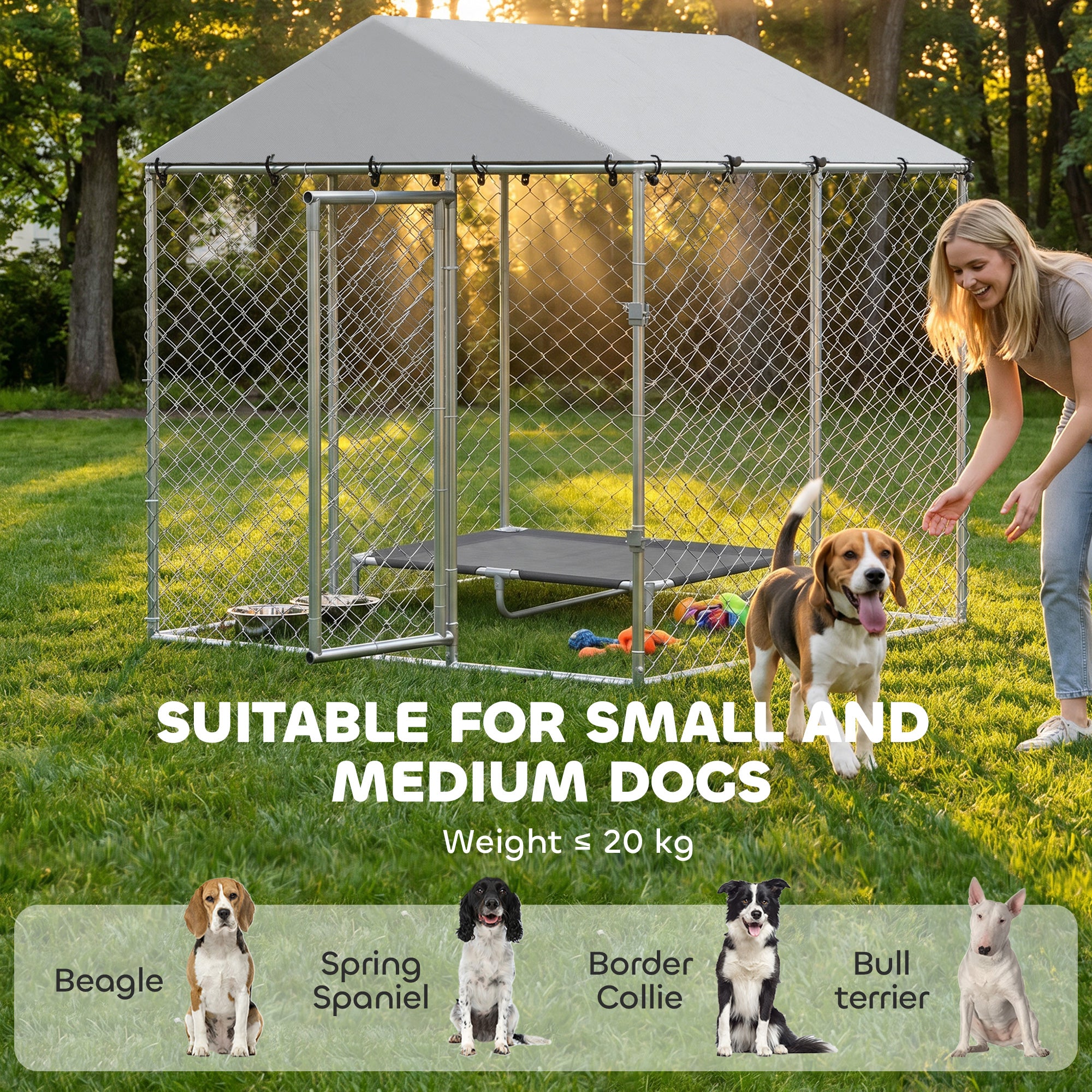 6.6' x 6.6' x 6.6' Outdoor Dog Kennel Heavy Duty Galvanized Steel with UV-resistant Roof, Silver