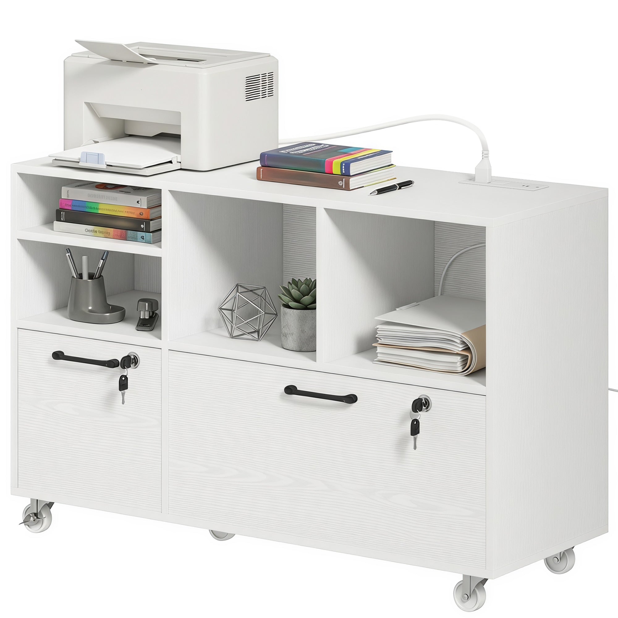 2-Drawer Mobile Lateral File Cabinet with Charging Station - White