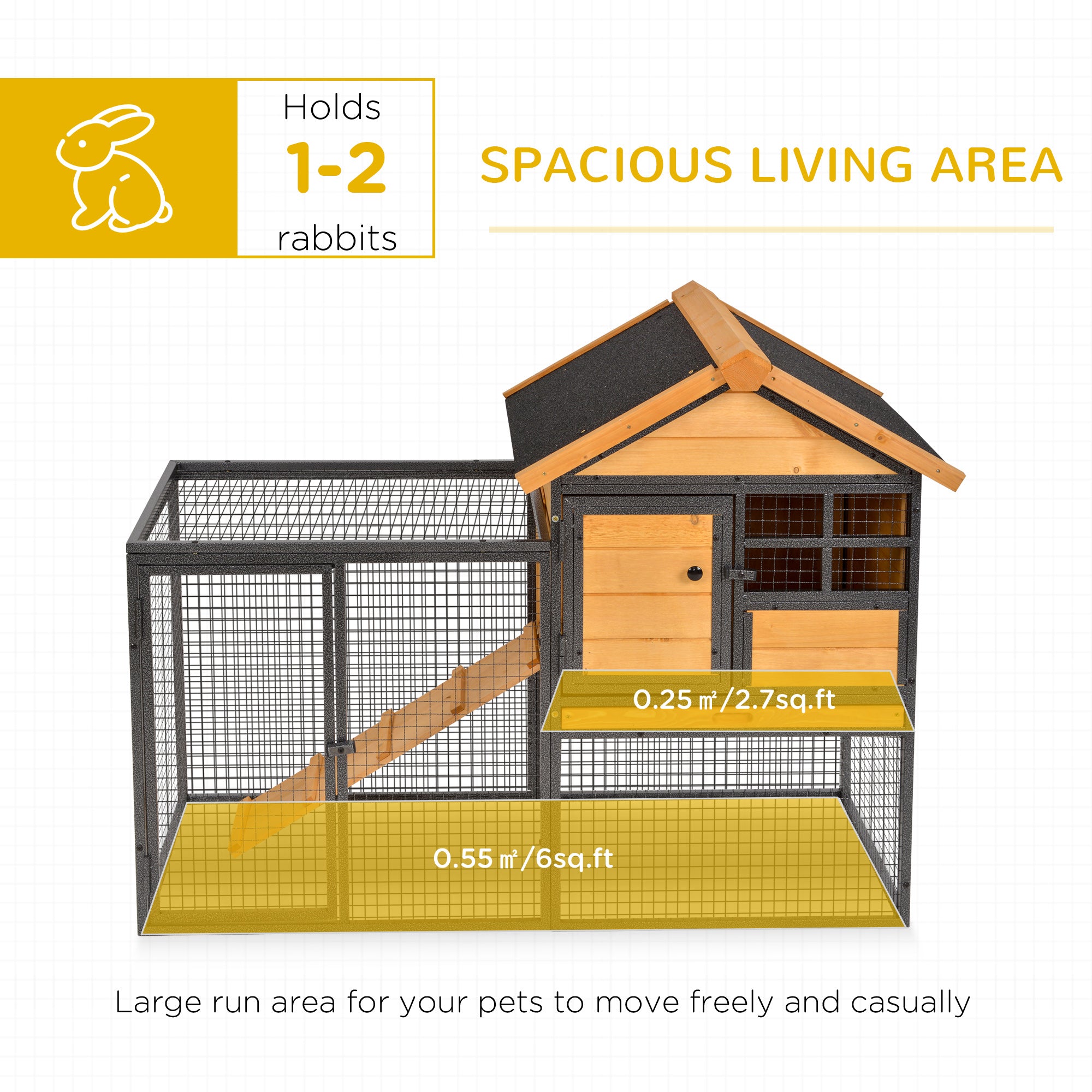 Clapier extérieur pour lapins, 48"L, grand enclos en bois avec espace de course, structure métallique résistante aux morsures, plateau en plastique amovible, toit en asphalte, rampe, cage pour cochons d’Inde et 1 à 2 lapins, jaune