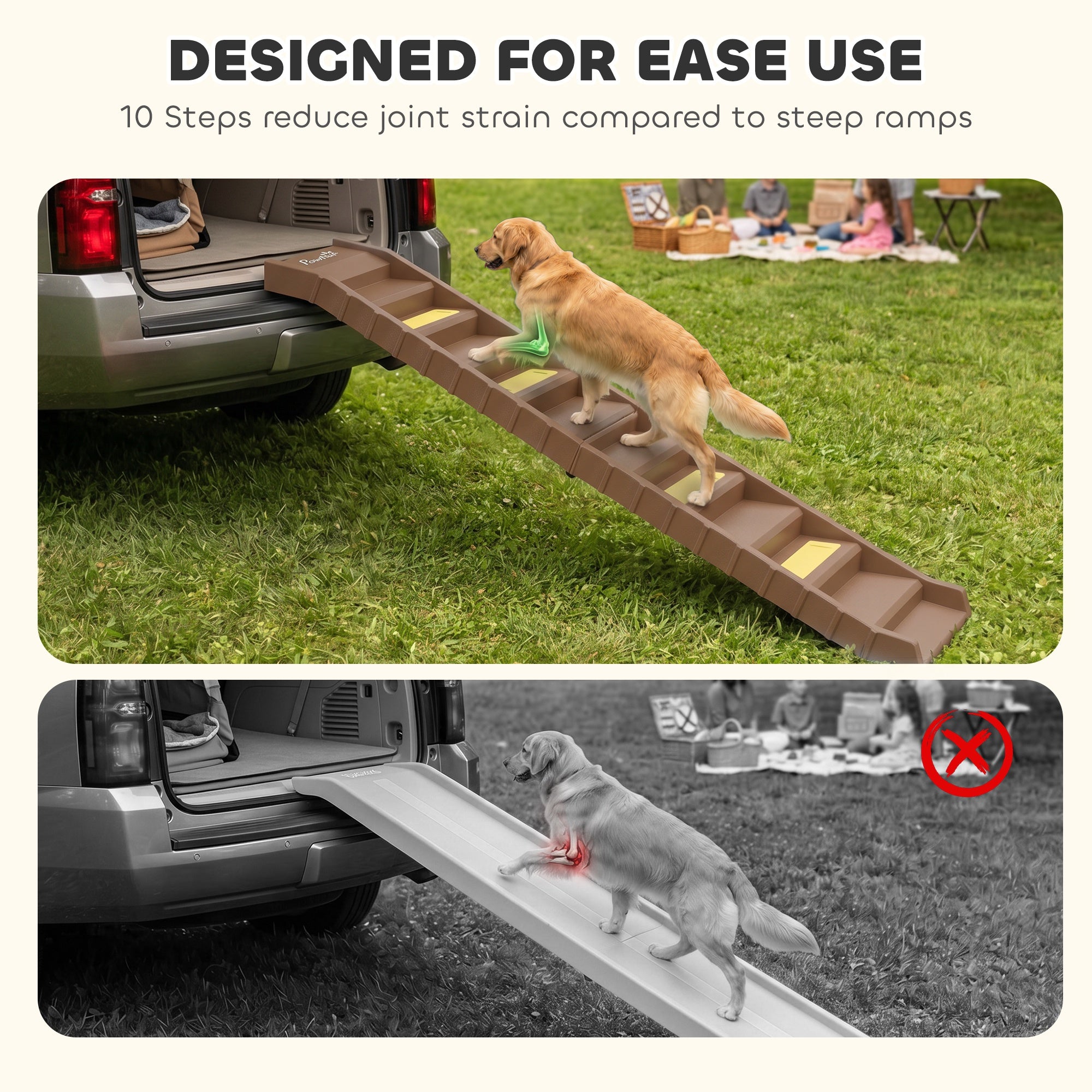 Foldable Dog Car Ramp, Dog Ramp with Anti-Slip Steps, Pet Stairs for Senior Pets to Access Cars and High Beds, Brown