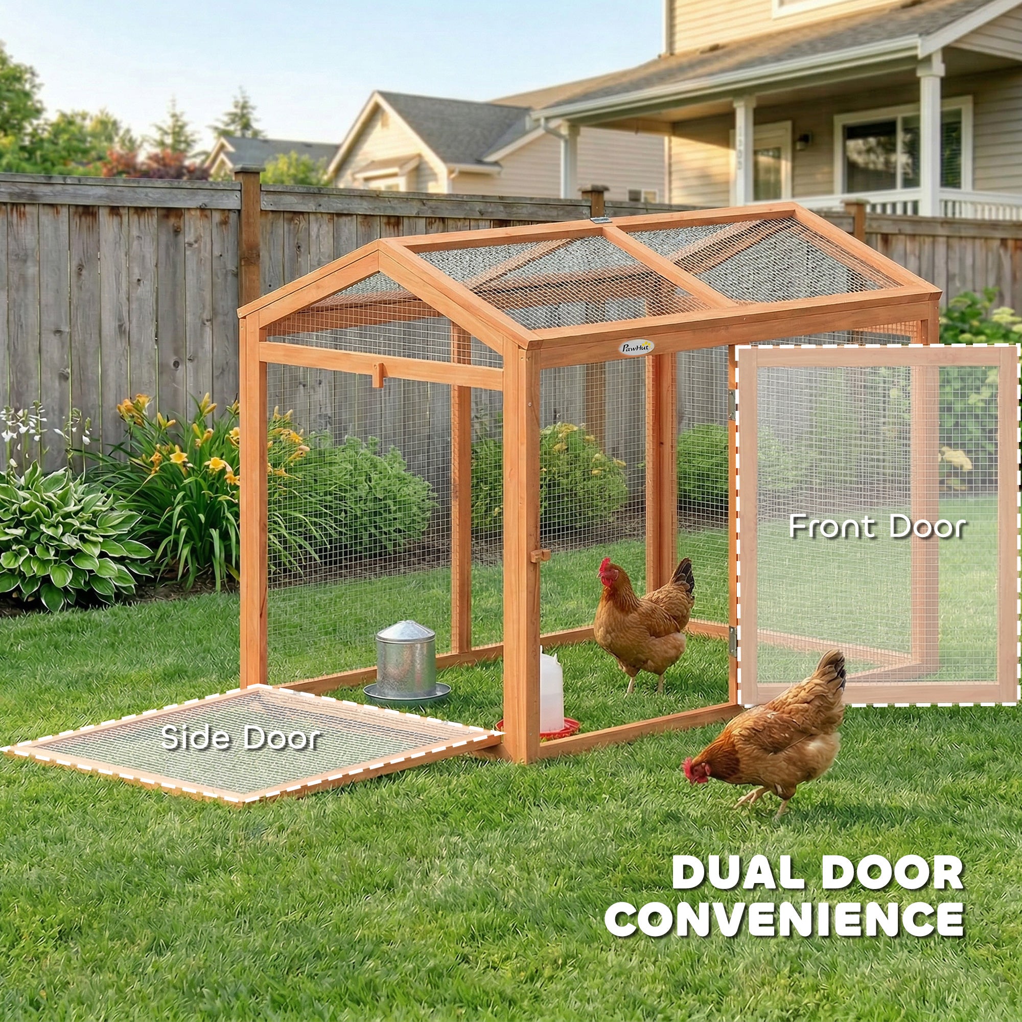 Wooden Chicken Run, Outdoor Chicken Coop with Perch and Dual Doors, Combinable Hen House Rabbit Hutch for Backyard