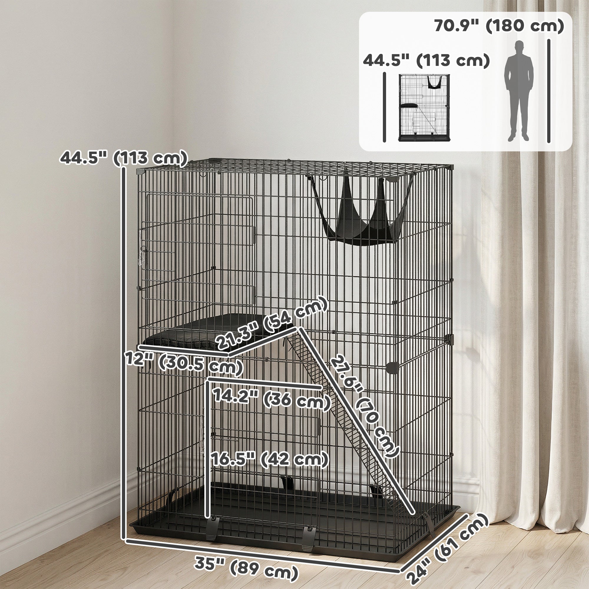 Cage à deux niveaux pour chats d’intérieur, niche détachable en fil métallique avec hamac, plateforme, bac et coussin pour 1 à 2 chatons