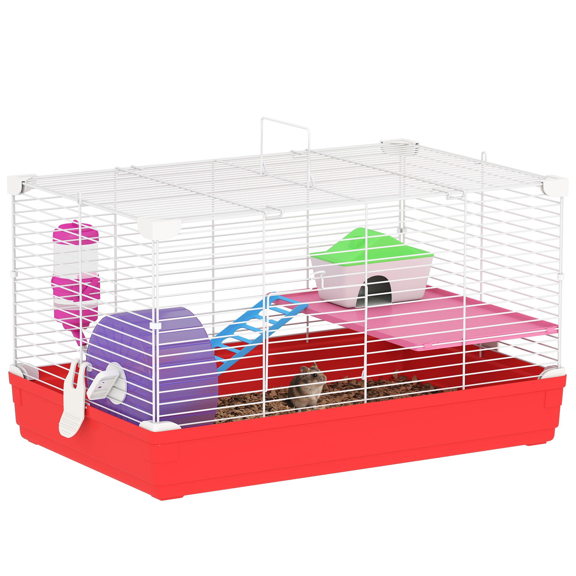 Cage pour hamster de 18.5'' avec roue d’exercice et gamelles-biberon, maison et habitats pour rats, conception à 2 étages, rouge