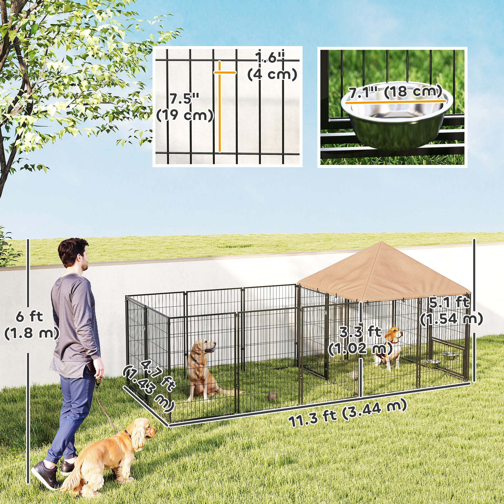 Outdoor Dog Kennel with Rotating and Adjustable Height Bowls, Waterproof UV-Resistant Cover, 11.3' x 4.7' x 5.1'