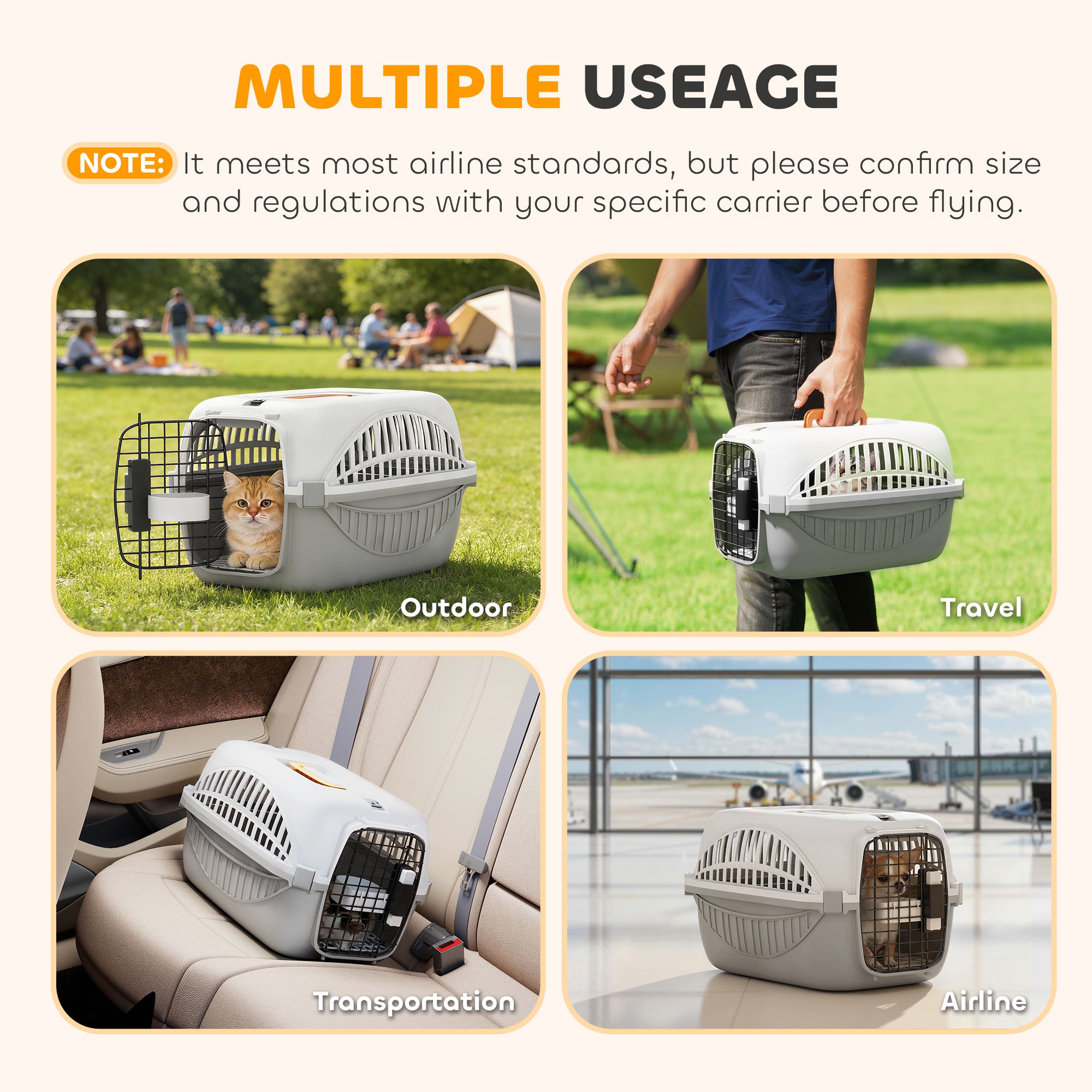 Airline Approved Pet Carrier for Mini Dogs and Cats with Steel Wire Door, Water Bowl, for Car, Airplane, Outdoor