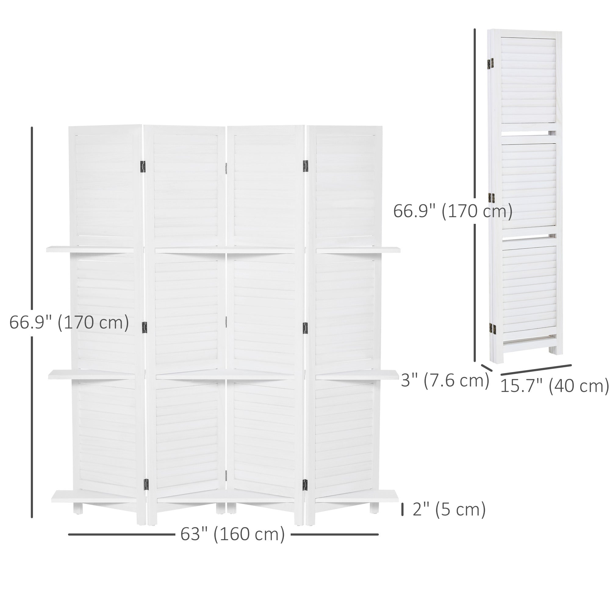Séparateur de pièce mural à 4 panneaux avec 3 étagères de rangement, design pliable, cadre en bois, 5,6 pieds, blanc
