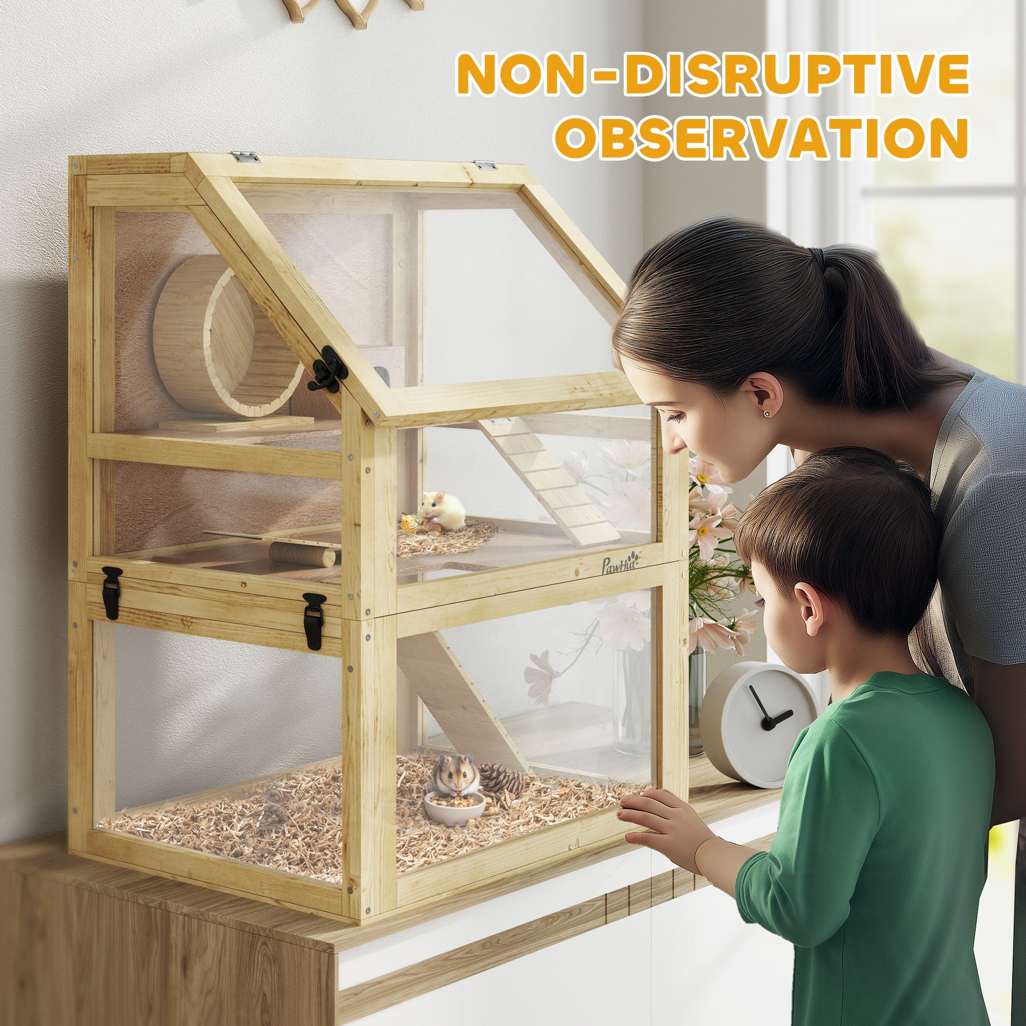Wooden Hamster Cage, 3 Tier Gerbil Cage with Deep Bottom, Hut, Seesaw, Exercise Wheel, Ramps, 24" x 16" x 29.5"
