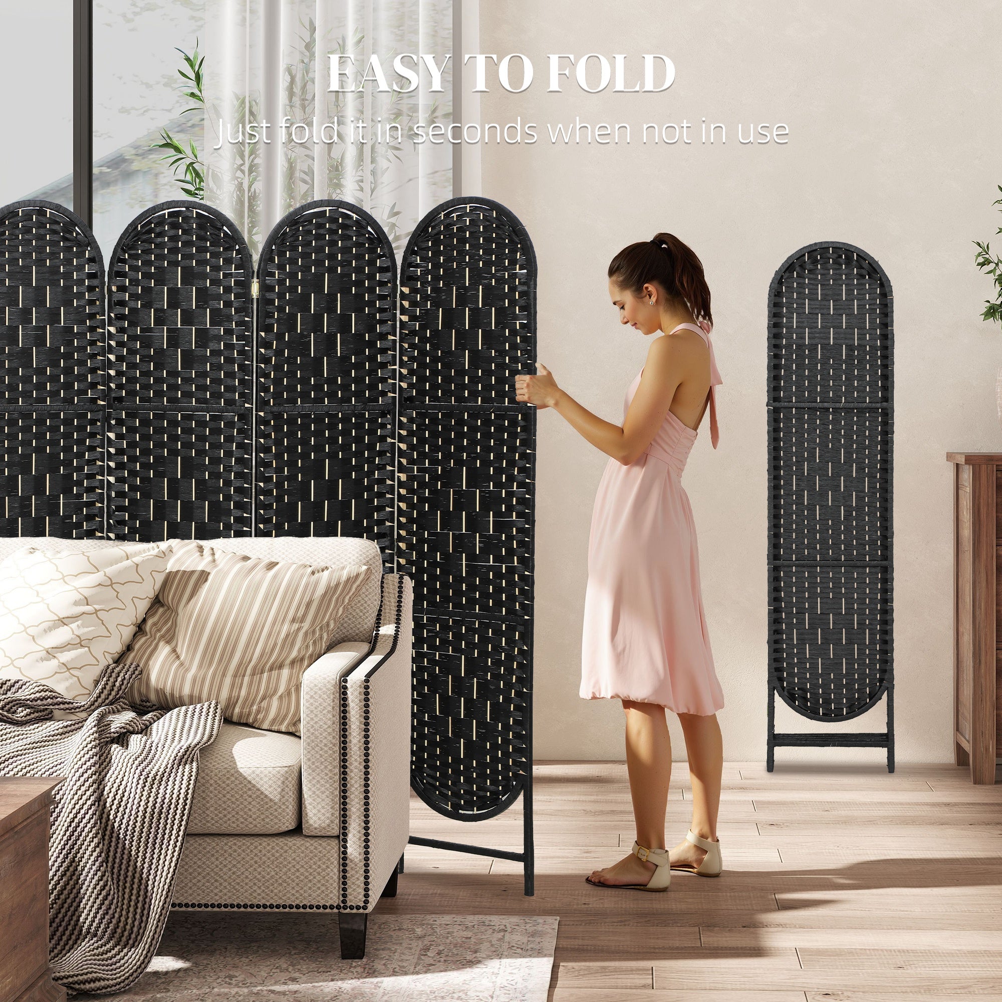 Bohemian Privacy Screen, Folding Room Divider with 6 Panels and Arched Top for Bedroom Living Room Office, Black