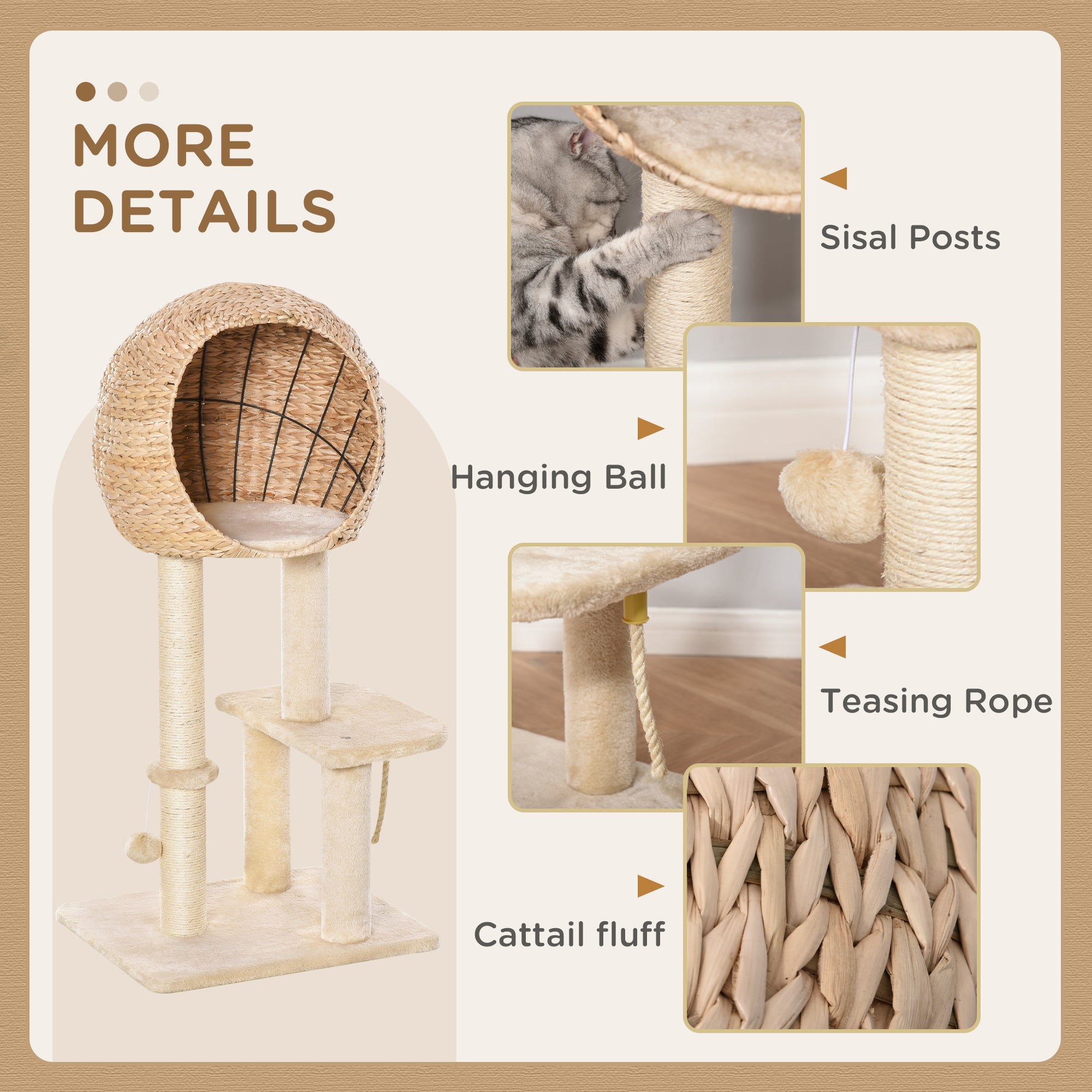Arbre à chat de 39" de hauteur avec poteau à griffer en sisal, niche, perchoir moelleux, corde suspendue et balle suspendue, beige
