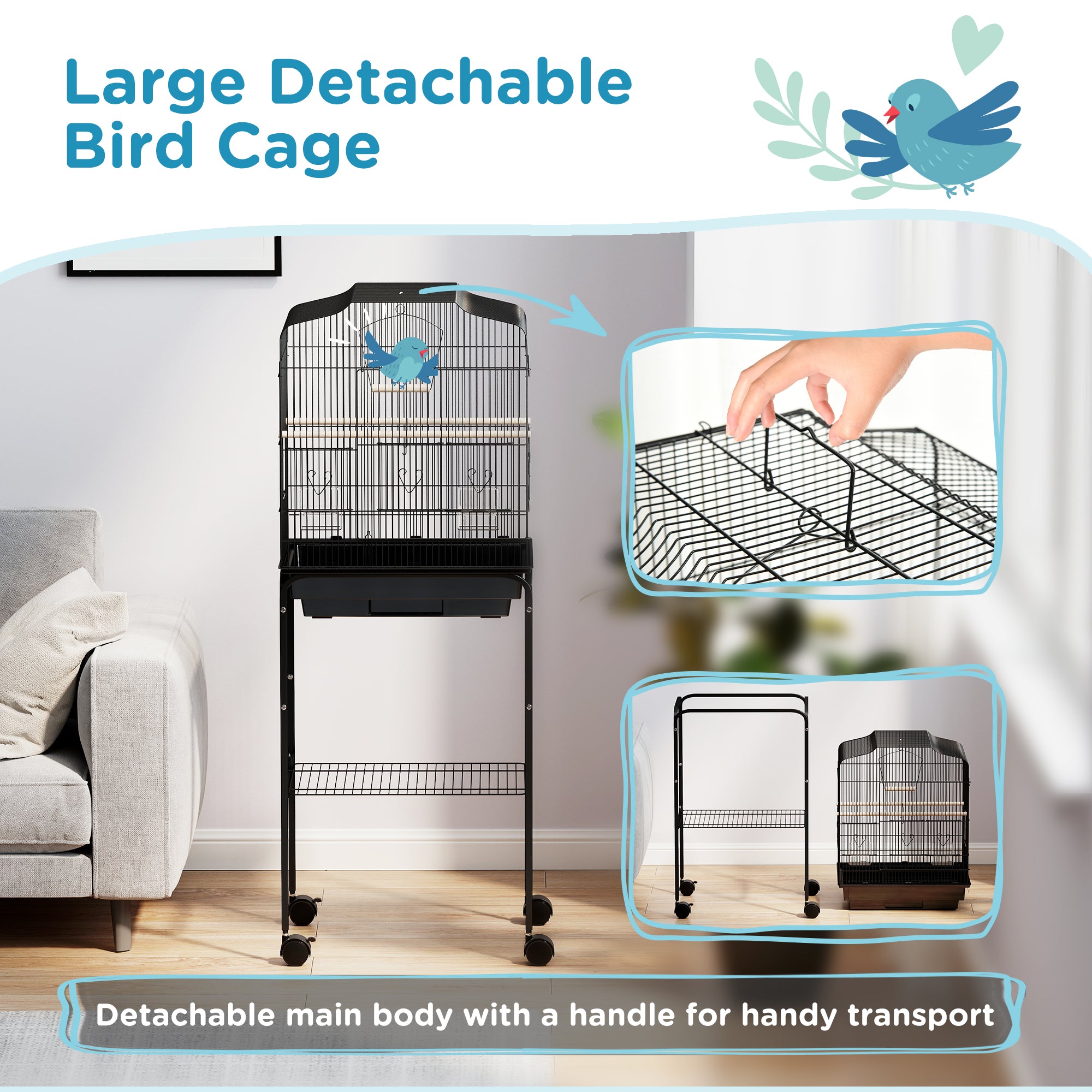 49" Rolling Bird Cage Cockatoo House Play Top Finch Pet Supply with Storage Shelf, Wheels - Black