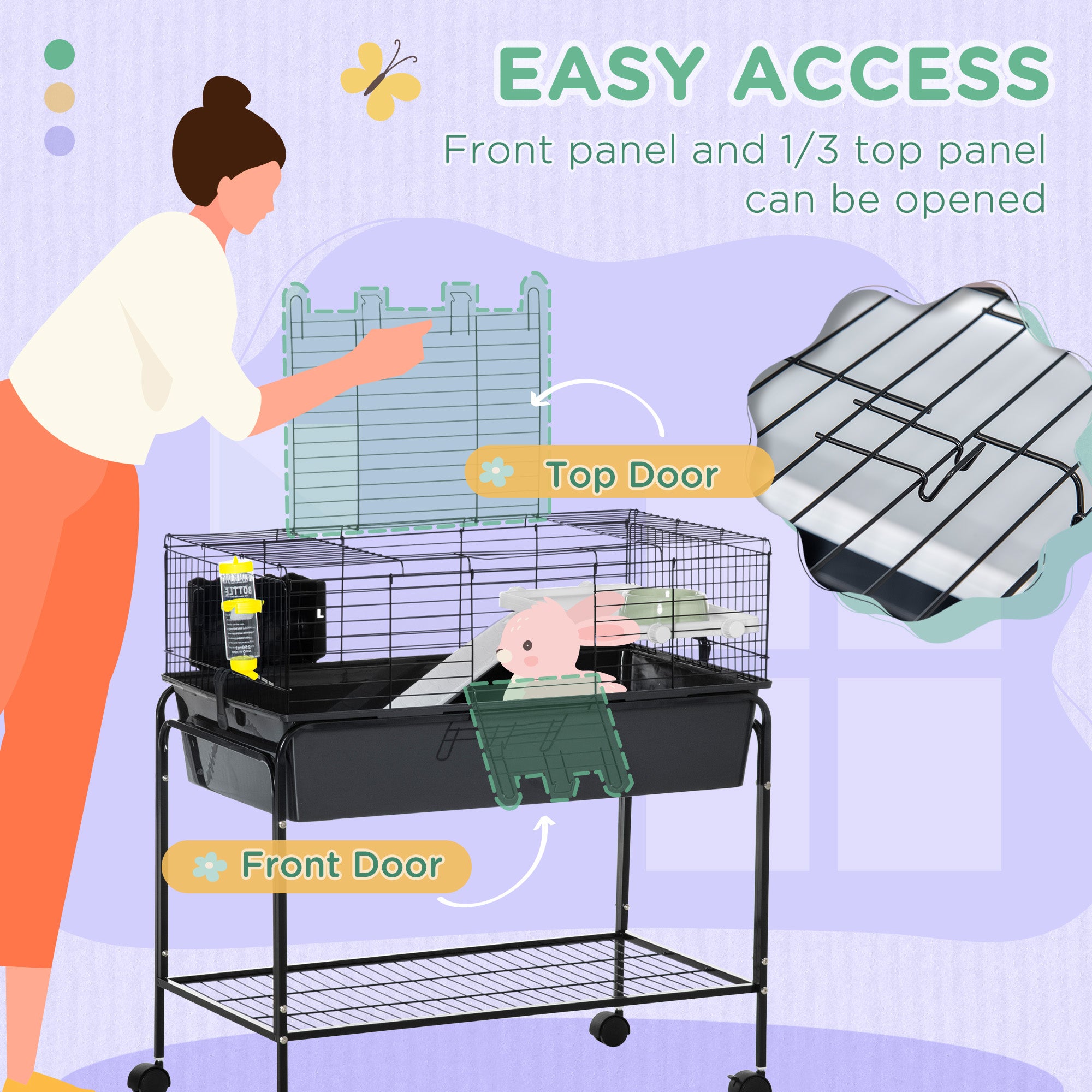 35" Small Animal Cage Rolling Guinea Pig Cage with Detachable Stand, Water Dispenser, Food Dish, Ramp, Wheels, Dark Grey