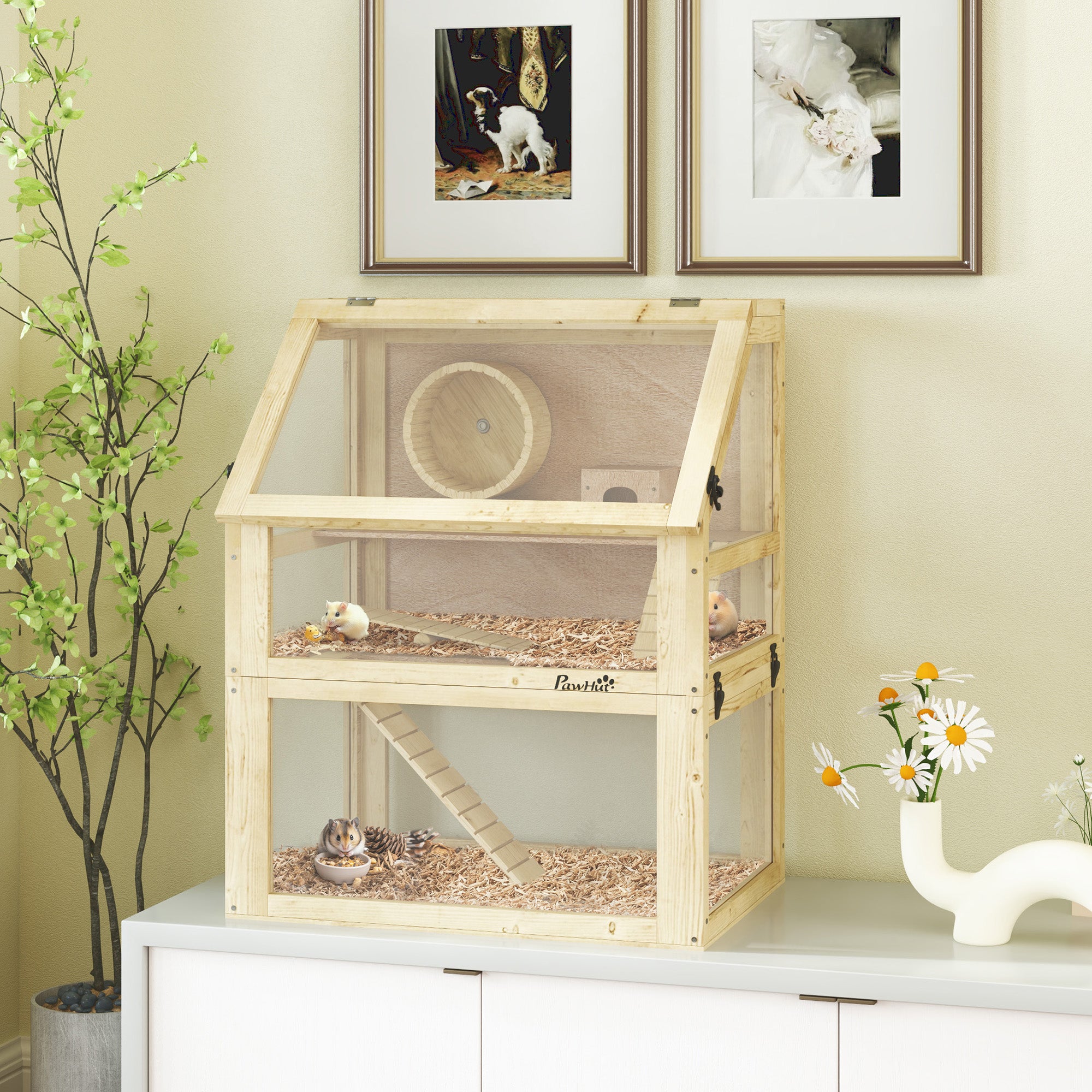 Wooden Hamster Cage, 3 Tier Gerbil Cage with Deep Bottom, Hut, Seesaw, Exercise Wheel, Ramps, 24" x 16" x 29.5"