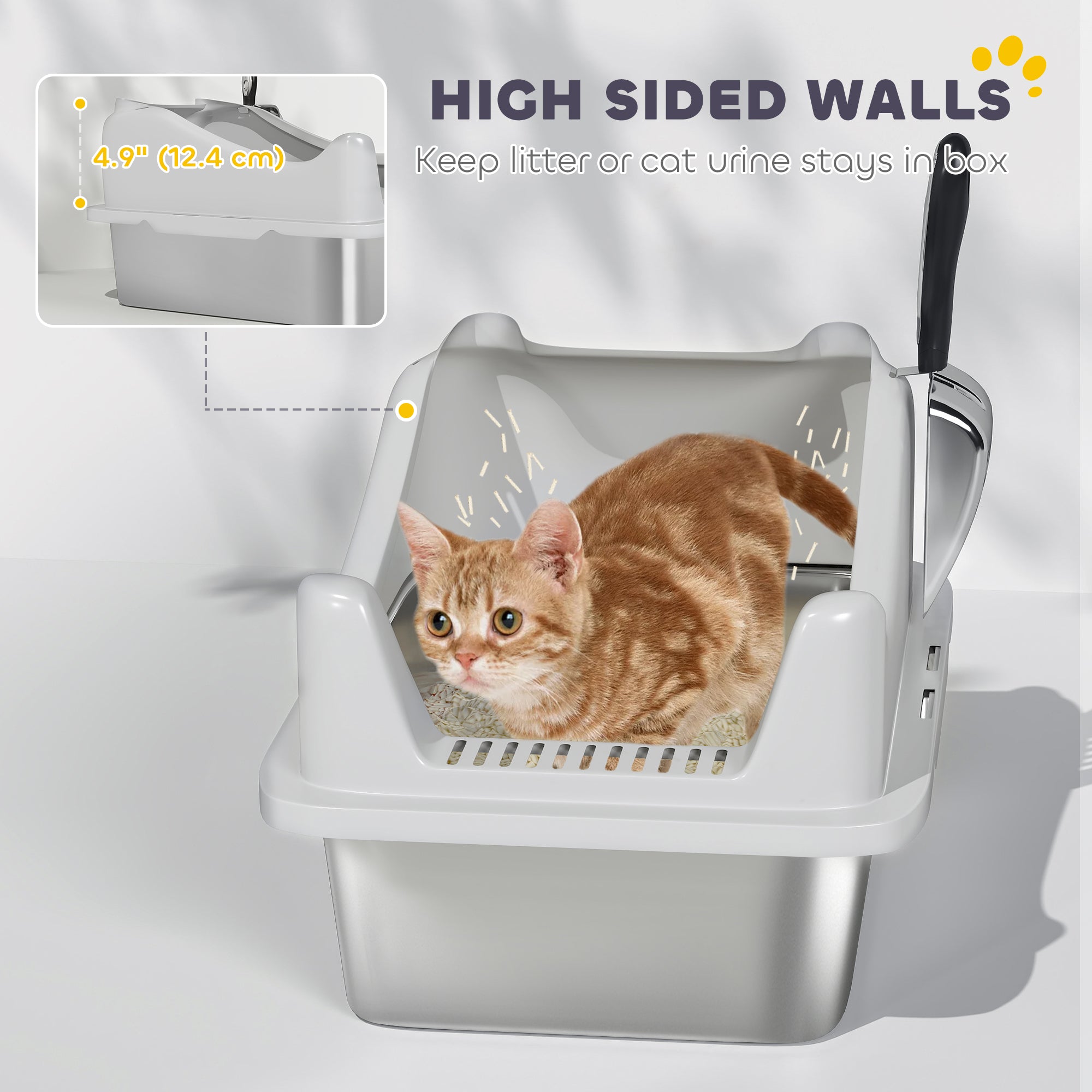 Cat Litter Box Stainless Steel with Metal Litter Scoop, Never Absorbs Odors, Anti Leakage, 17" x 13" x 10", Grey