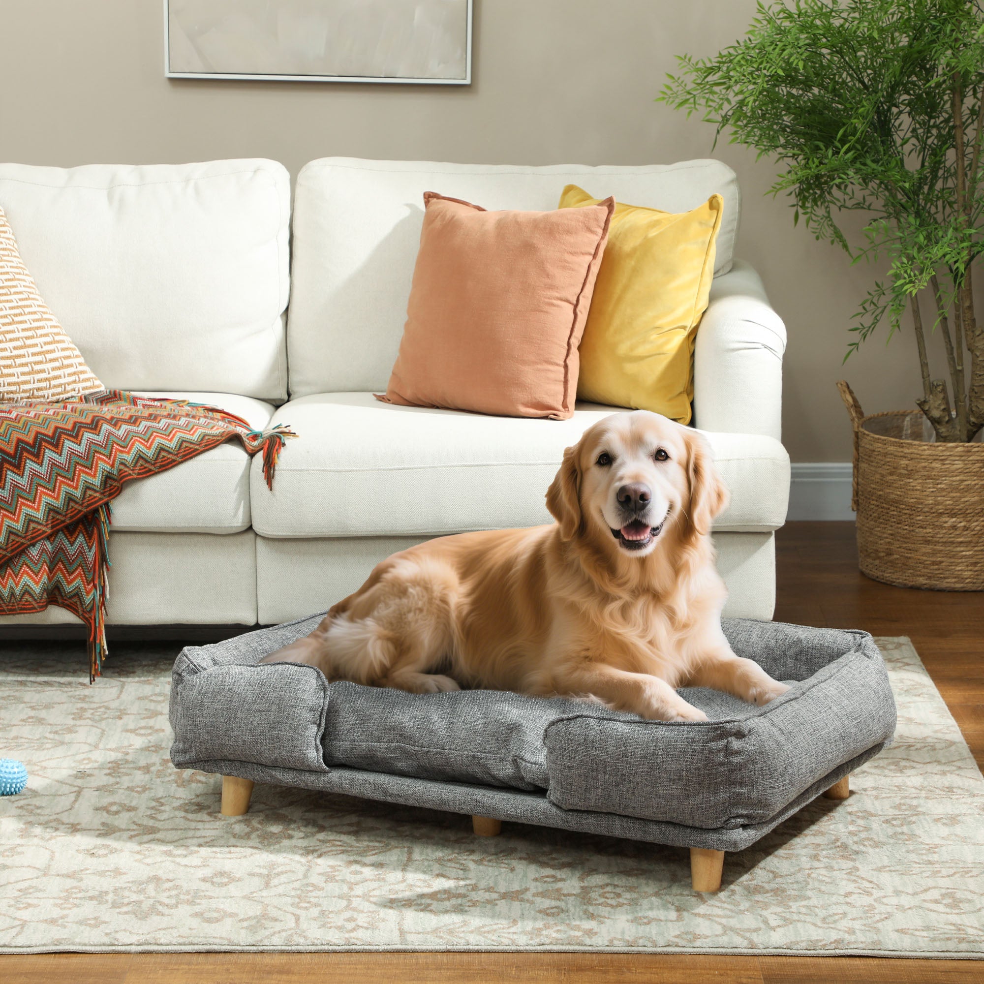 Washable Dog Sofa for Large Dogs, Elevated Pet Couch with Anti-slip Foot Pads, Dark Grey