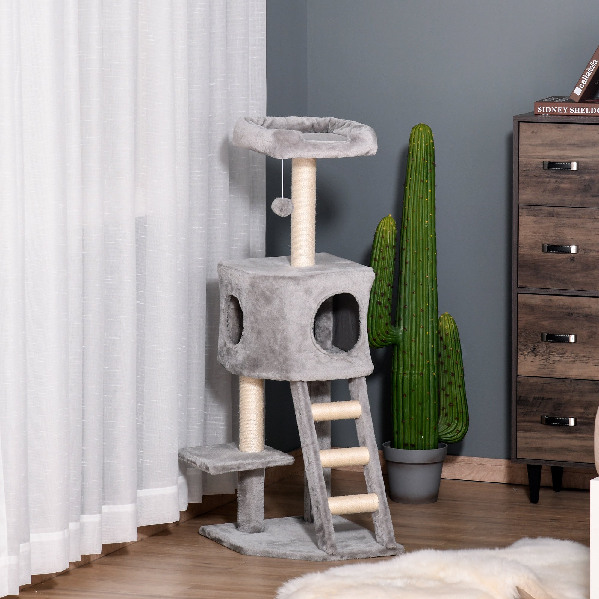 47" Tall Cat Tree Tower with Condo, Ladder, Scratching Posts and Hanging Ball, Light Grey