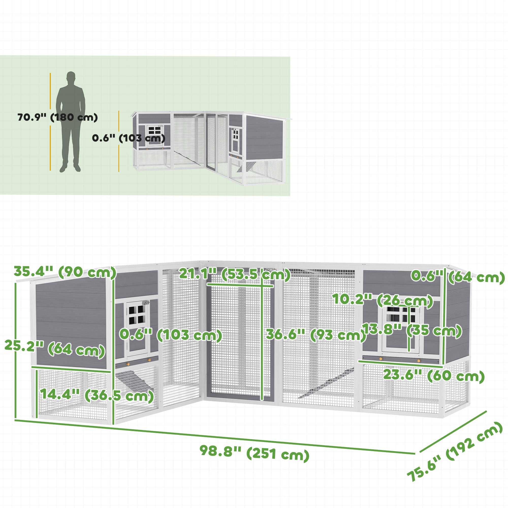 Chicken Coop with Run, L-Shaped Wooden Chicken House with 2 Houses, Outdoor Hen House with Waterproof Roof and Ramps