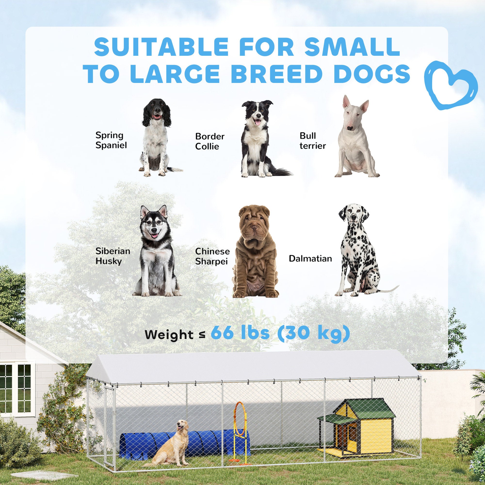 Enclos extérieur pour chiens de 19.7' x 7.5' x 6.6', pour petits, moyens et grands chiens, avec couverture imperméable, argenté