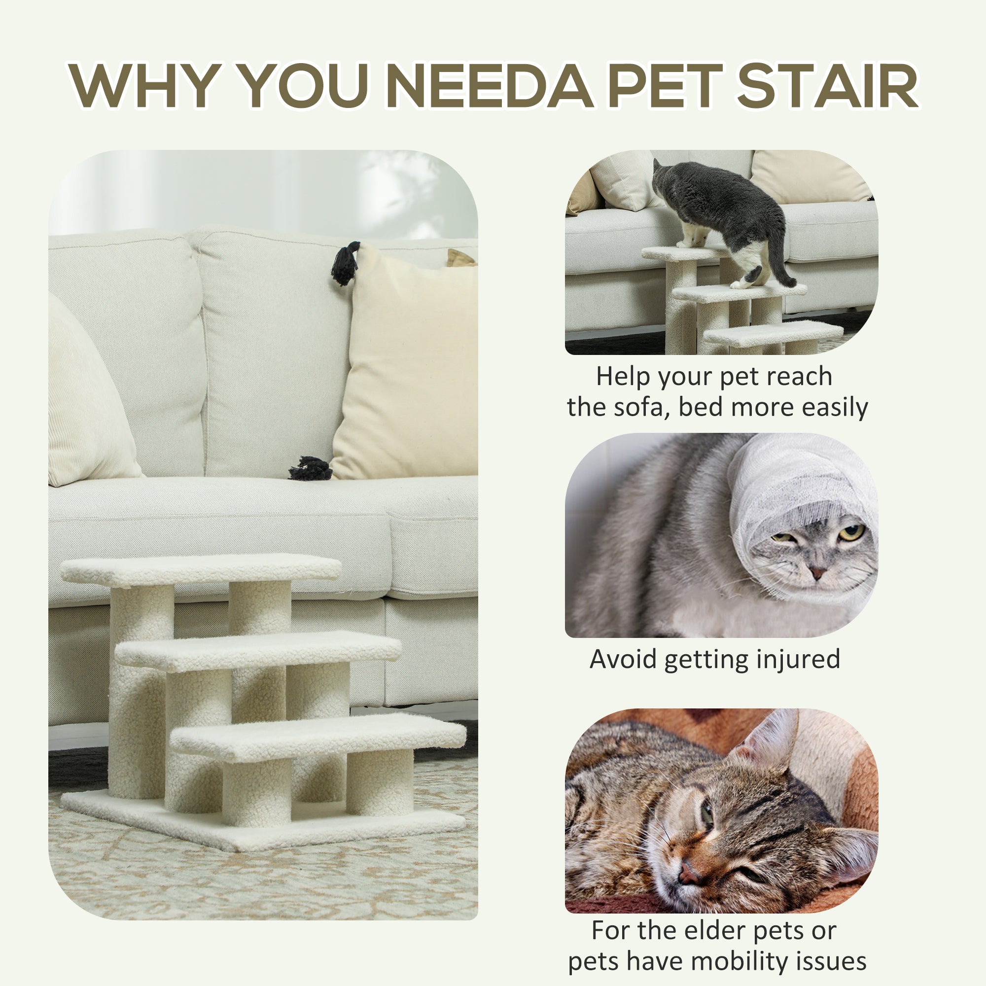 Escalier pour animaux à 3 marches de 18", poteau à griffer et meuble pour chien et chat, beige
