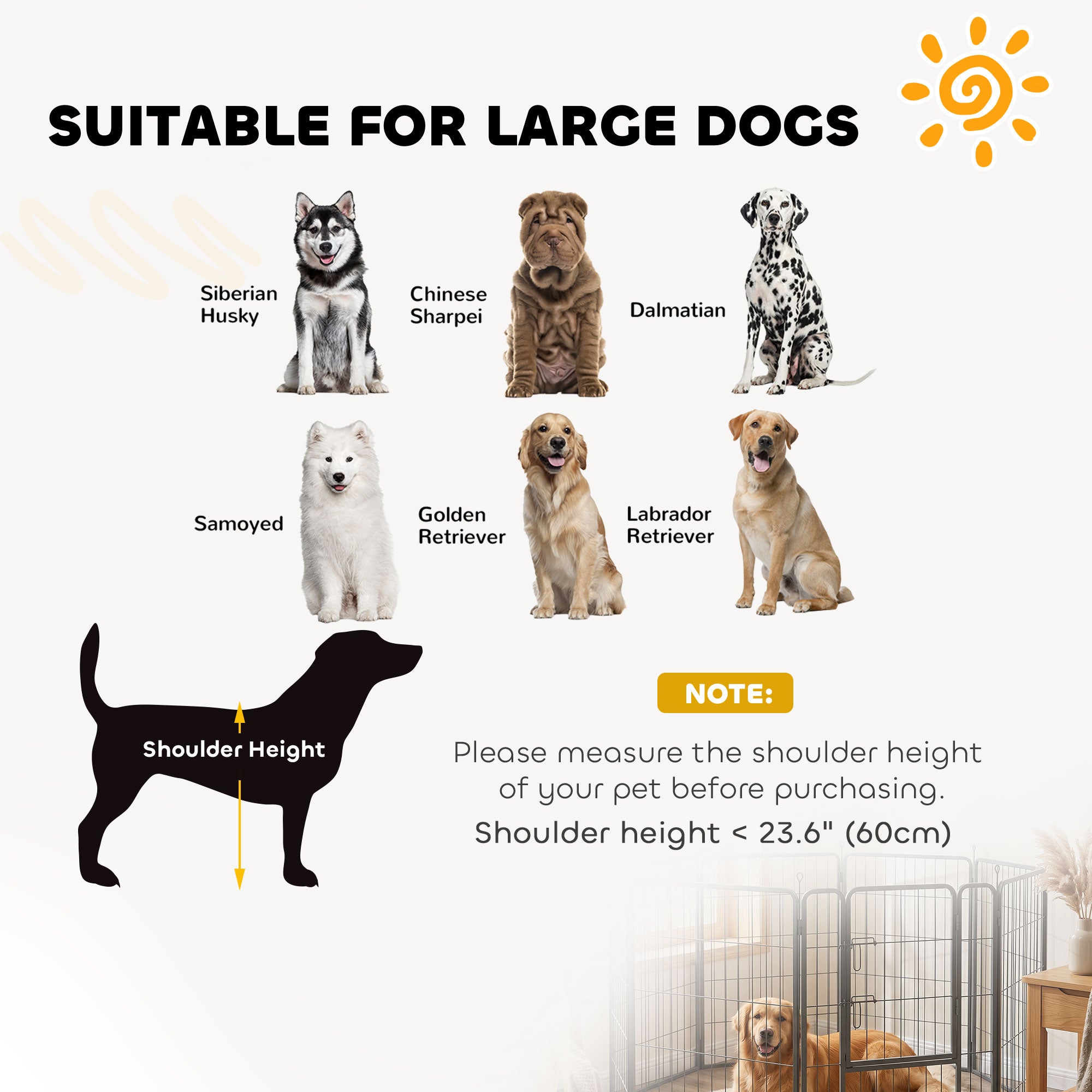 Parc pour grands chiens, intérieur et extérieur, enclos pliable pour animaux avec porte verrouillable et piquets d’ancrage, noir