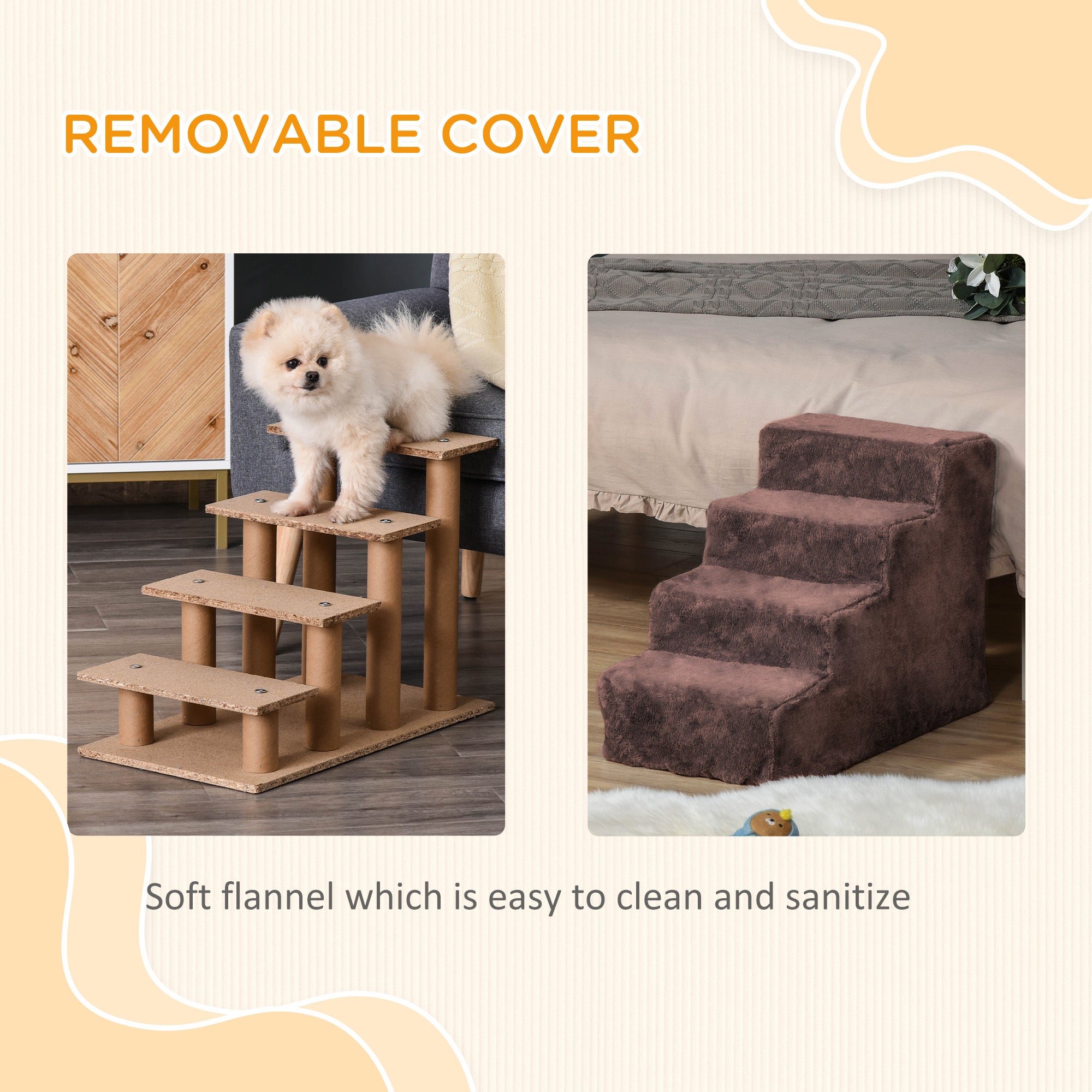 4-Step Dog Ramp for Sofa, Bed, and Couch, with Removable Cover, Brown