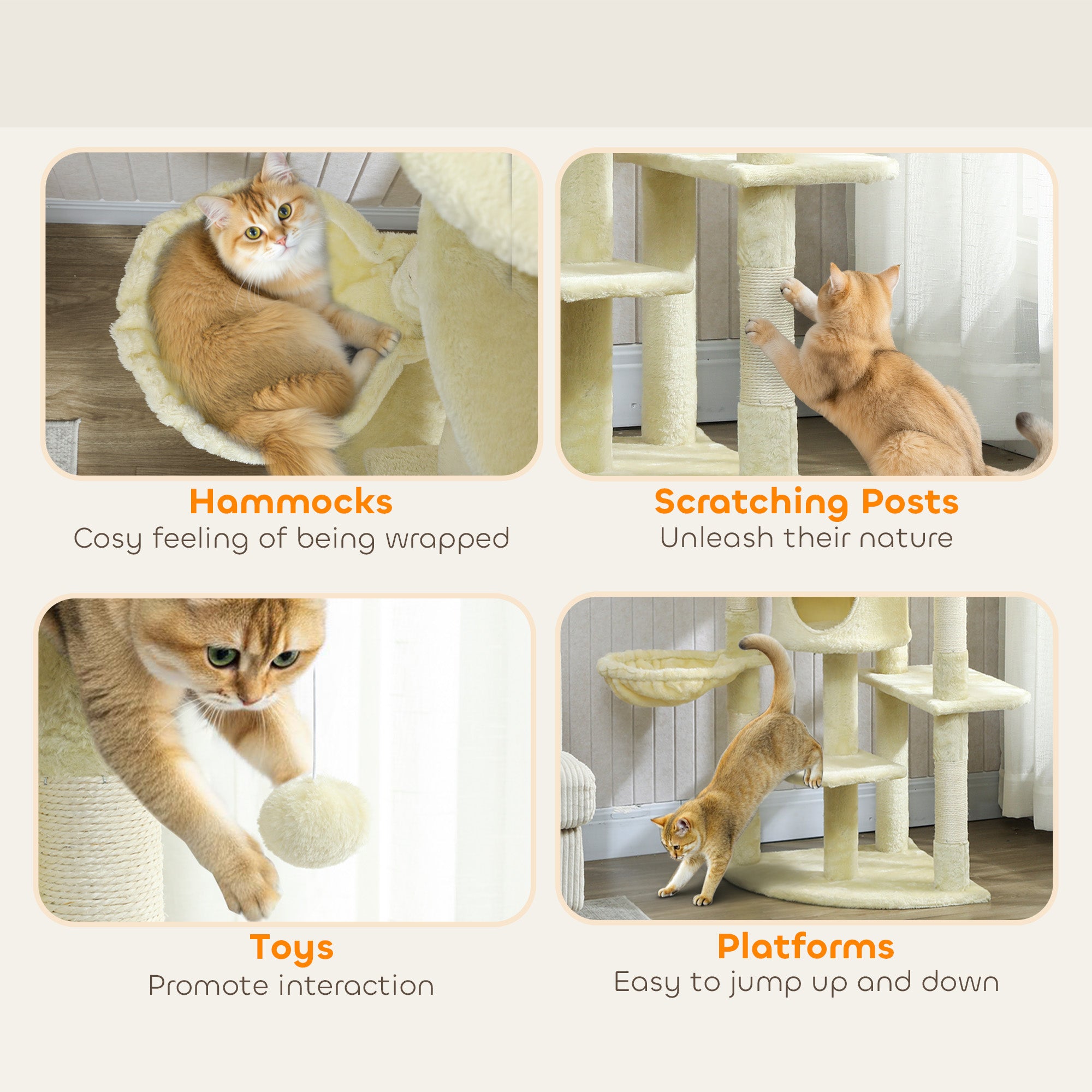 62" Cat Tree with Scratching Post, 2 Condos, Hammock, Perches, Plush, Pompoms, for Indoor Cats, Beige